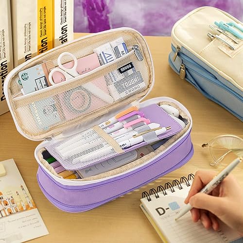 Miniatura 7 de Estuche para lápices de gran capacidad, bolsa de papelería expandible con compartimentos con cremallera, estuche estético para oficina, universidad,