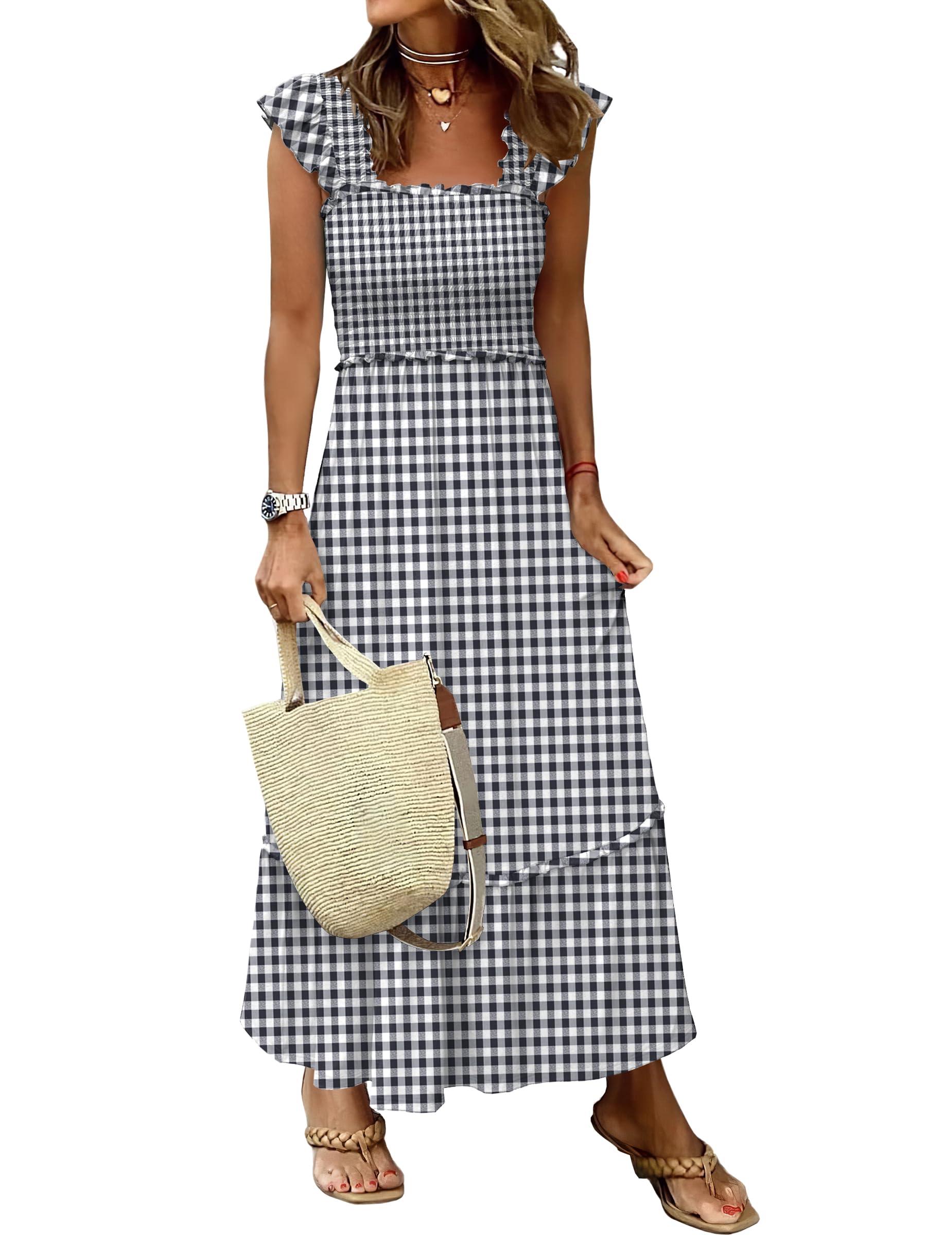 ANRABESS Womens Summer Sleeveless Maxi Dress Square Neck Smocked Boho Casual Ruffle Strap Flowy A-Line Long Beach Sundress