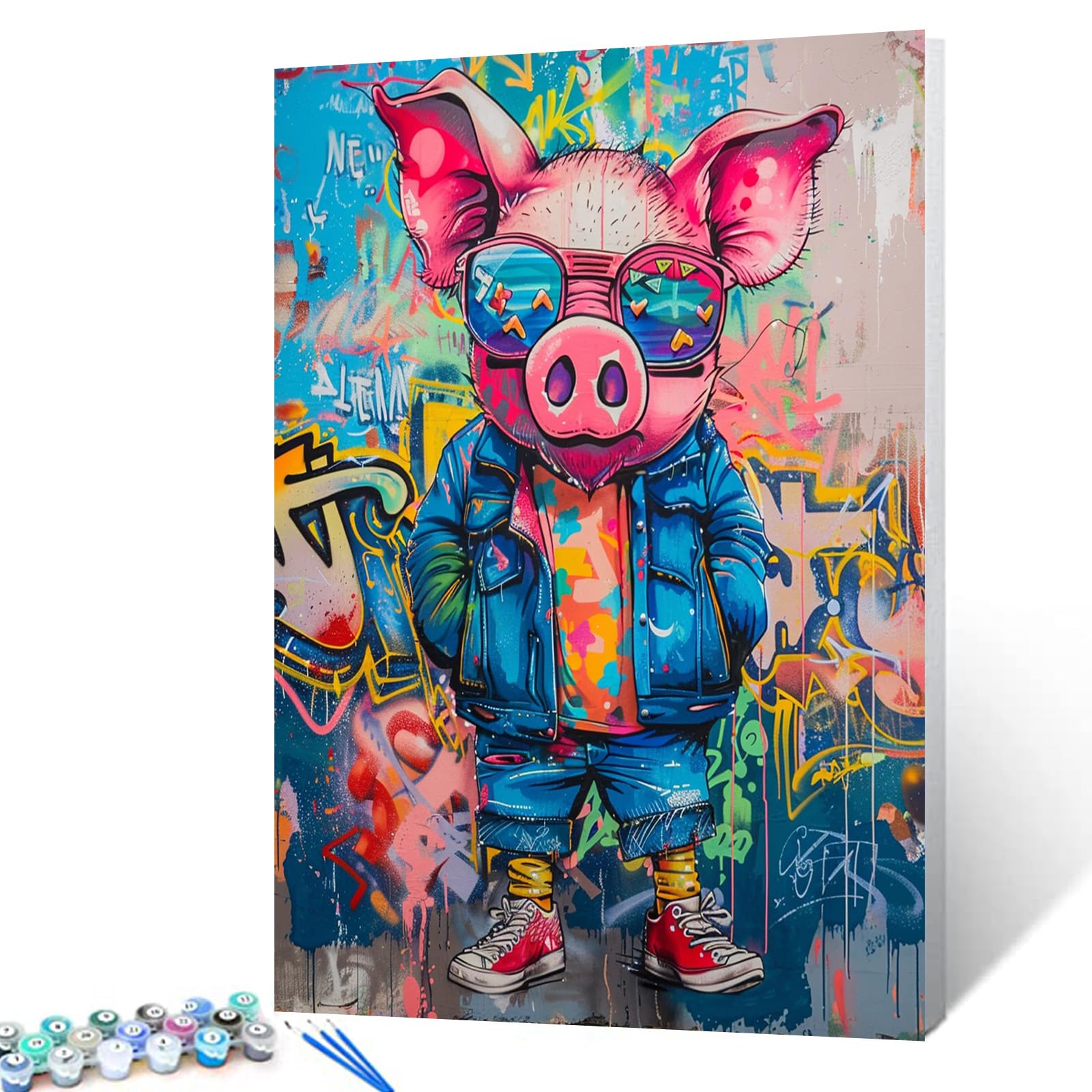 Tucocoo DIY Retro Farm Animals Paint by Number for Adults Beginner Pig Wearing Clothes Painting by Numbers Paint Kits Canvas Farmhouse Rustic Arts Crafts for Home Wall Decor Gifts 16x20Inch Frame