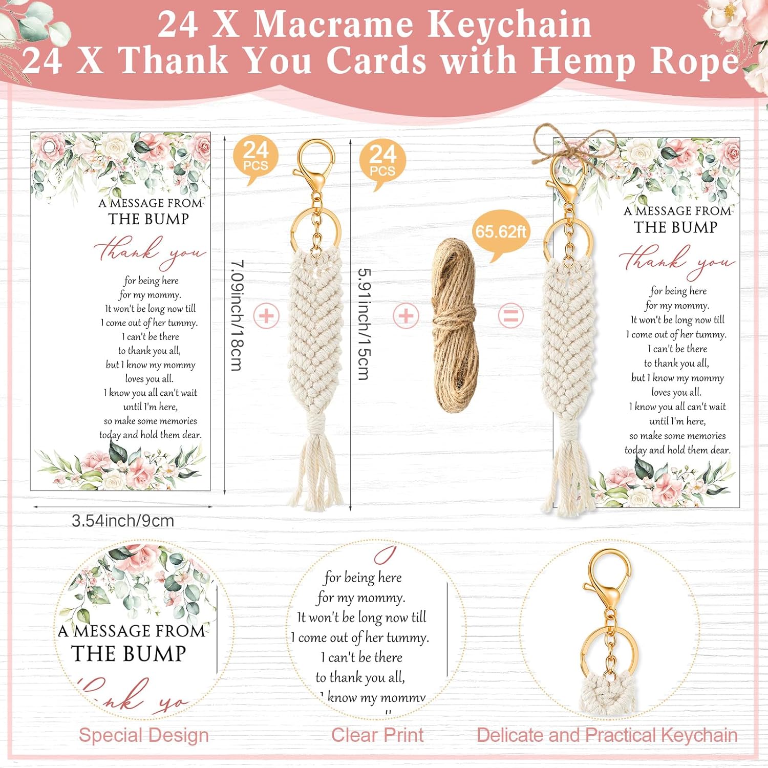 48 Sets Baby Shower Favors for Guests Boho Macrame Keychains Bulk Baby Shower Gifts Crochet Tassel Key Ring with Thank You Cards for Girls Boys Birthday Party Favors Prizes (Flower)