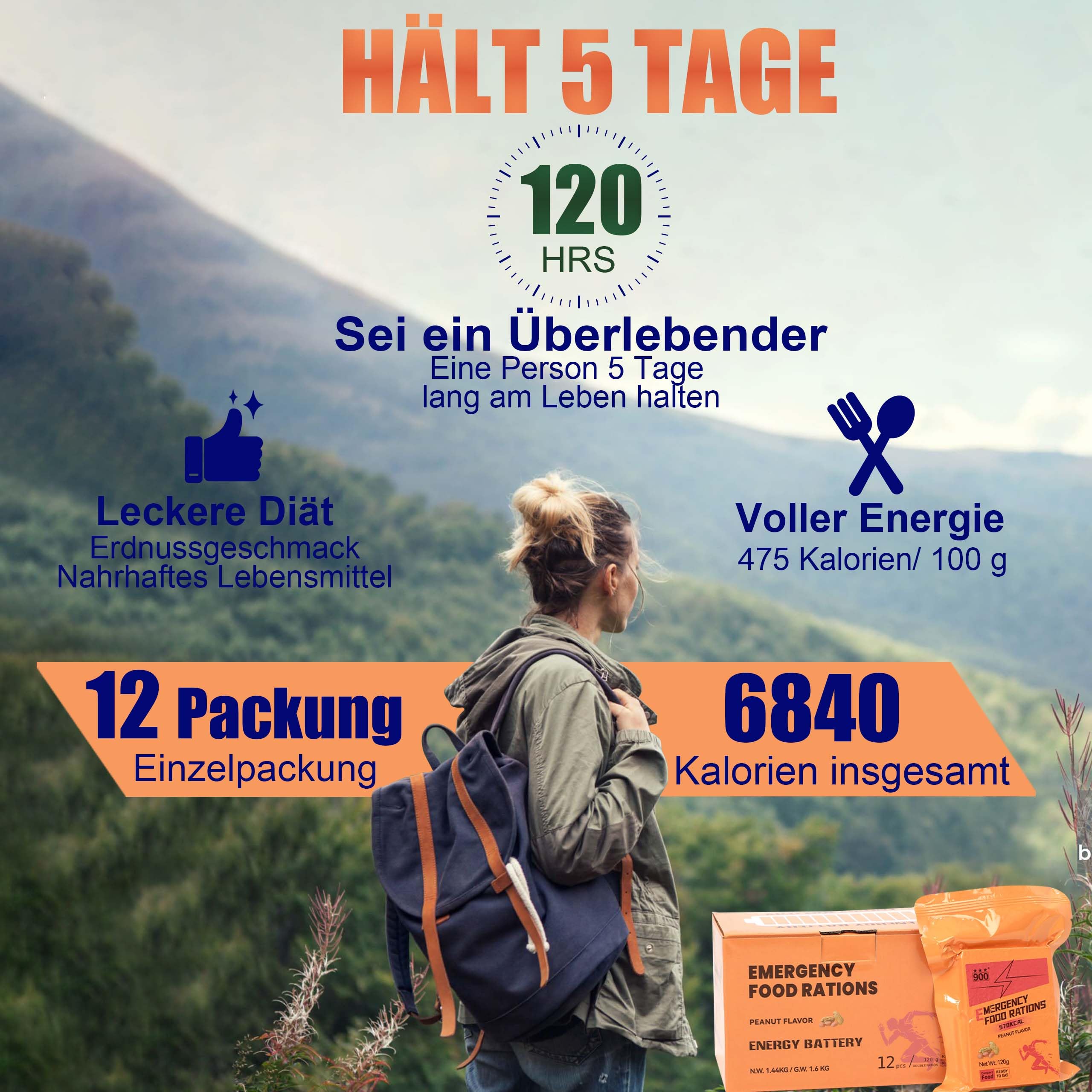 Notfall-Nahrungsmittelversorgung – Erdnuss-Hardtack, Mre Meals Military 2025, Notfall-Mahlzeiten, Survival-Riegel, Camping, Wandern, Überlebensnahrung, kalorienreiche Riegel, 12 Stück, lange