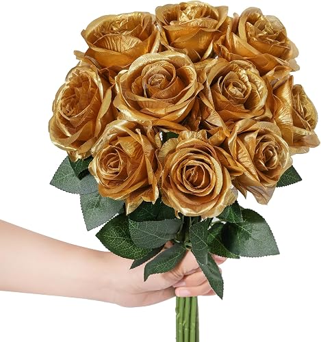 LFF 10Pcs Gold Silk Roses Artificial Flowers for Home Wedding Decor | 21.2" Stem, 3.5" Large Blooms, Lifelike, Ideal for DIY Bouquets, Vase Fillers, Table Centerpieces & Party Decor