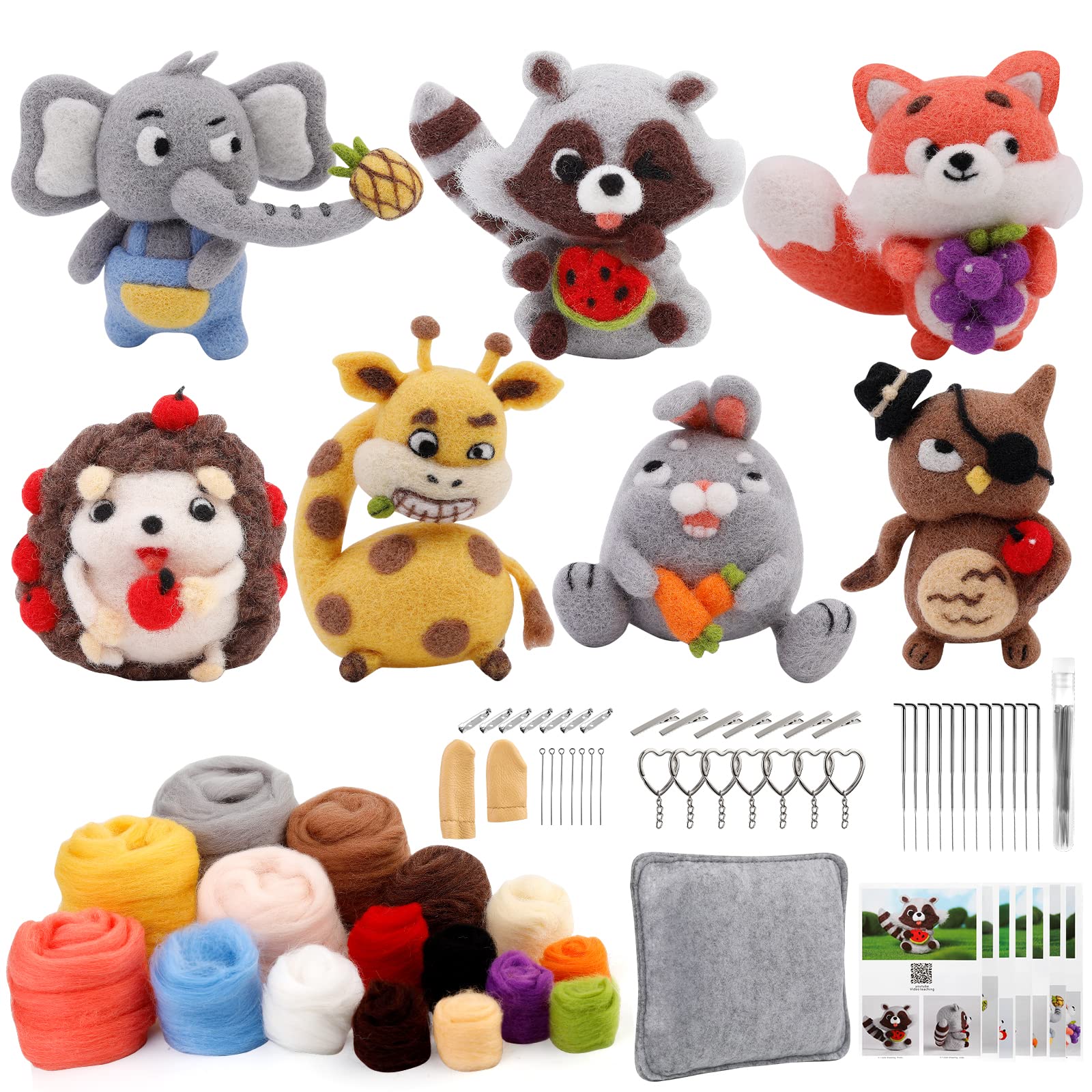 Axmru Needle Felting Kit Needle Felting Starter Kit 7 Types of Animal Doll Felting Supplies with Wool Roving, Felting Needles, Foam Mat for DIY Felting Wool Projects