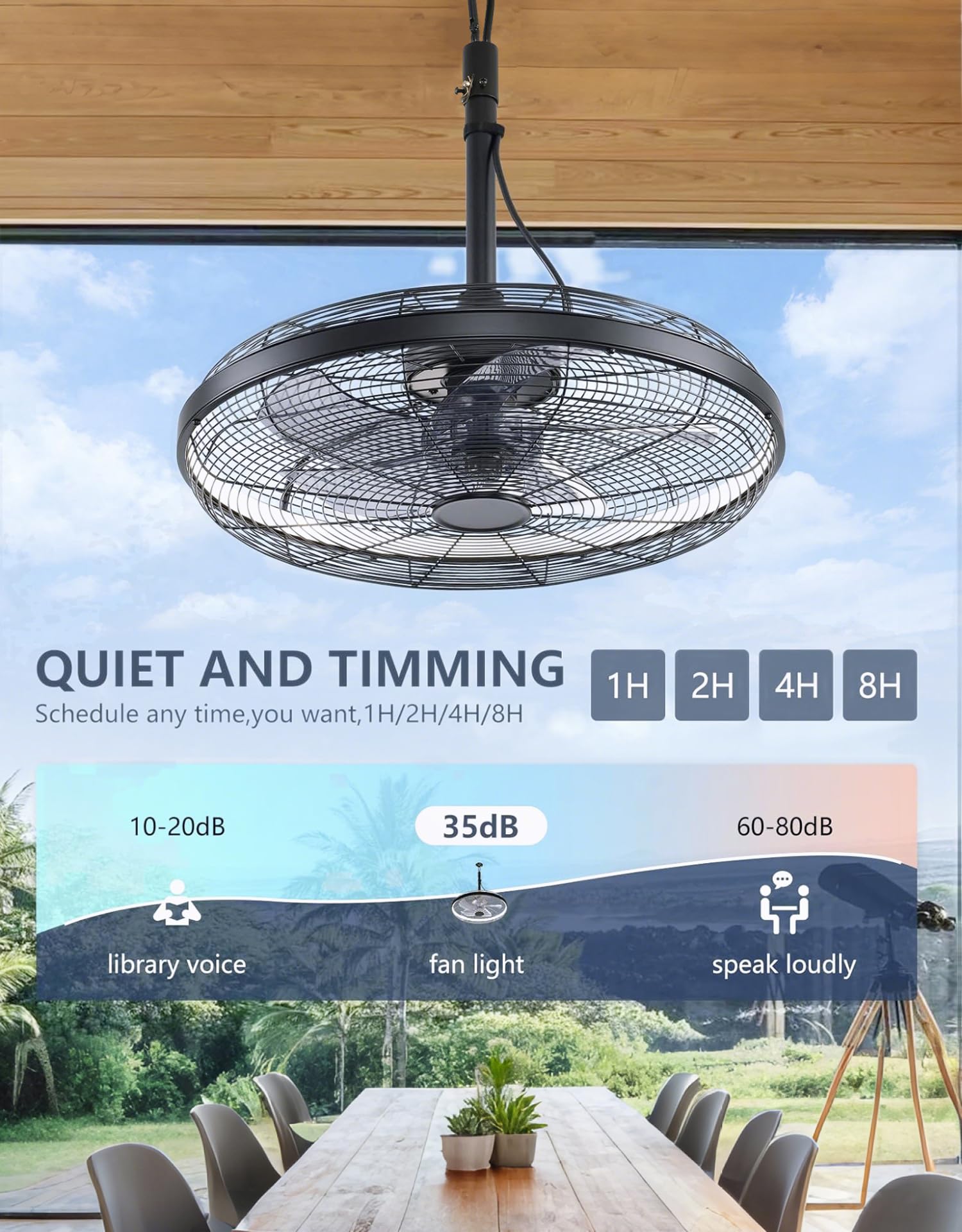 Outdoor Deckenventilator mit Beleuchtung und Fernbedienung IP65 Wasserdicht Aussen Ventilator Deckenlampe Leise Dimmbar Lampe mit Ventilator 6 Gang Lüfterlicht für Schlafzimmer Balkon Außen