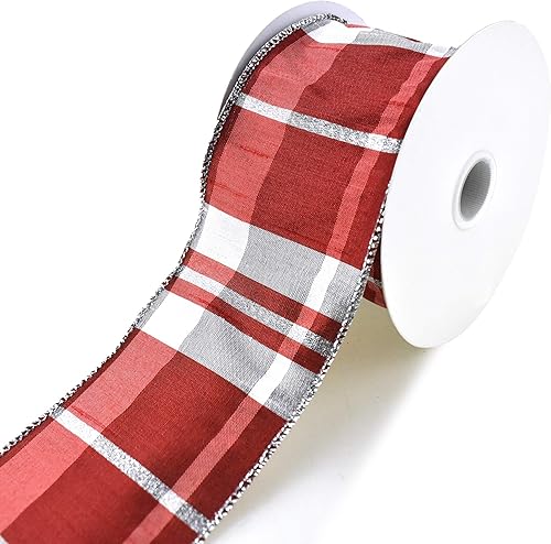 Miniatura 1 de Homeford Grand Plaid Dupione Sparkle Cinta con cable, 2-12 pulgadas, 10 yardas (rojo)