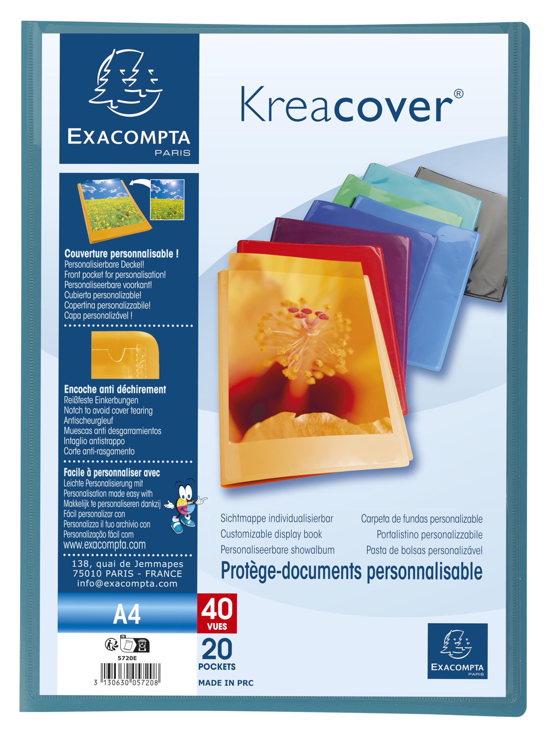 Exacompta - Nr ref. 5720E - Karton 20 Kreacover Chromaline Teczka na dokumenty - 20 gładkich woreczków kryształowych - 40 widoków - do A4 - wymiary 24 x 32 cm - półsztywna okładka z polipropylenu