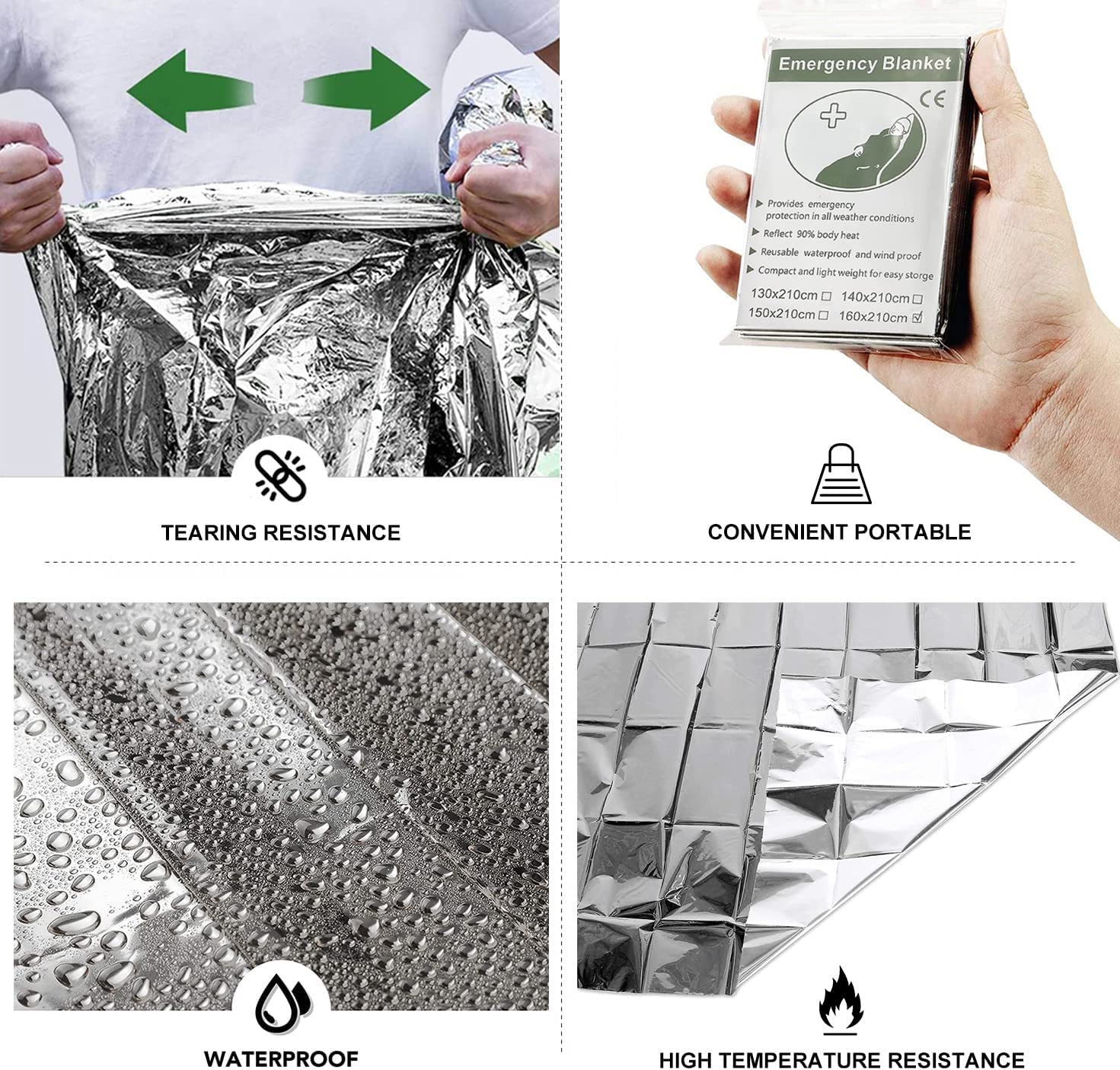 Manta Térmica de Emergencia Mylar 160x210cm Plateada Altamente Reflectante para Acampar