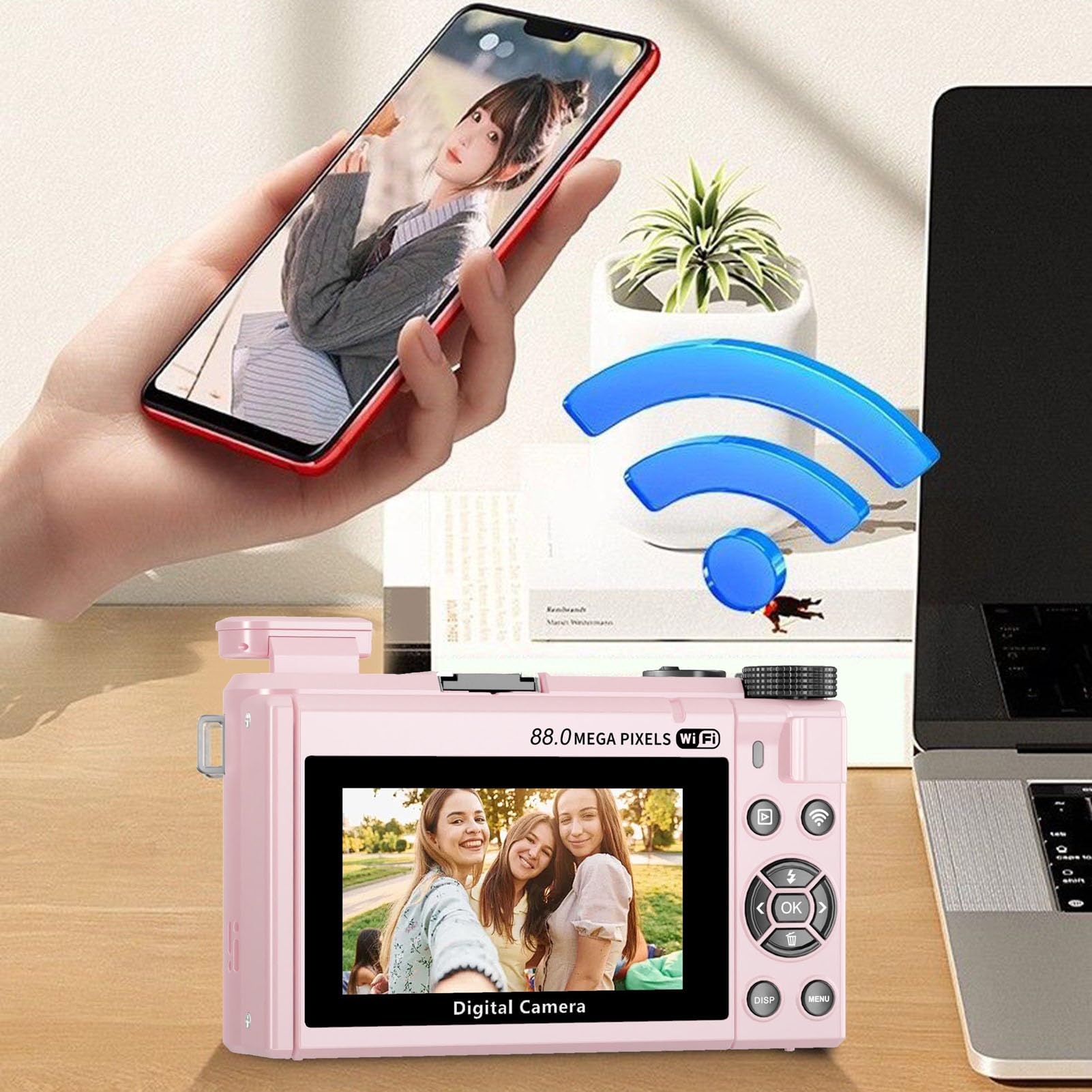 Tosuny Fotocamera Digitale 8K per Fotografia, Fotocamera per Vlogging da 88 MP con Schermo Ribaltabile a 180° da 3", Zoom 18X, Messa a Fuoco Automatica, Obiettivo Grandangolare, (Pink)