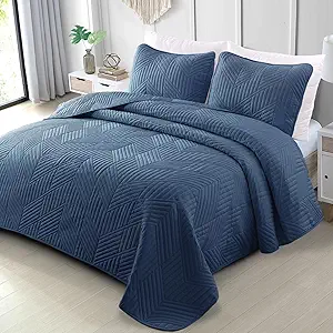 Exclusivo Mezcla Ultrasonic Twin Quilt Bedding Set, Lightweight Navy Blue Bedspreads Soft Modern Geometric Coverlet Set for All Seasons (1 Quilt and 1 Pillow Sham)