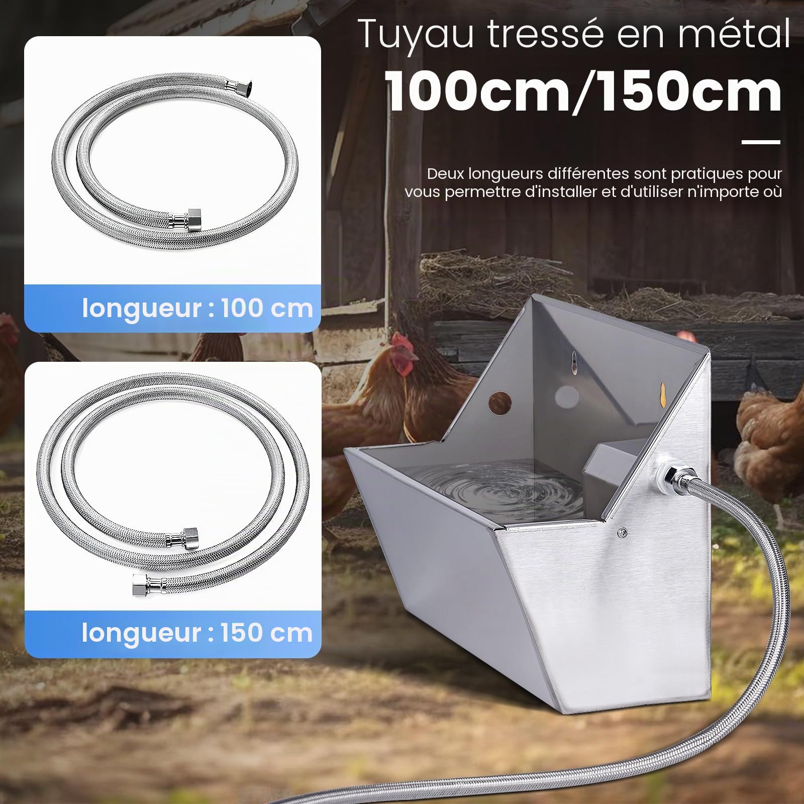Abreuvoir Automatique pour Chien Abreuvoir en Acier Inoxydable 8L pour Bétail avec Tuyau d’Eau 100cm et 150cm Kit de Soupape à Flotteur de Remplissage Automatique Réservoir d’Abreuvoir