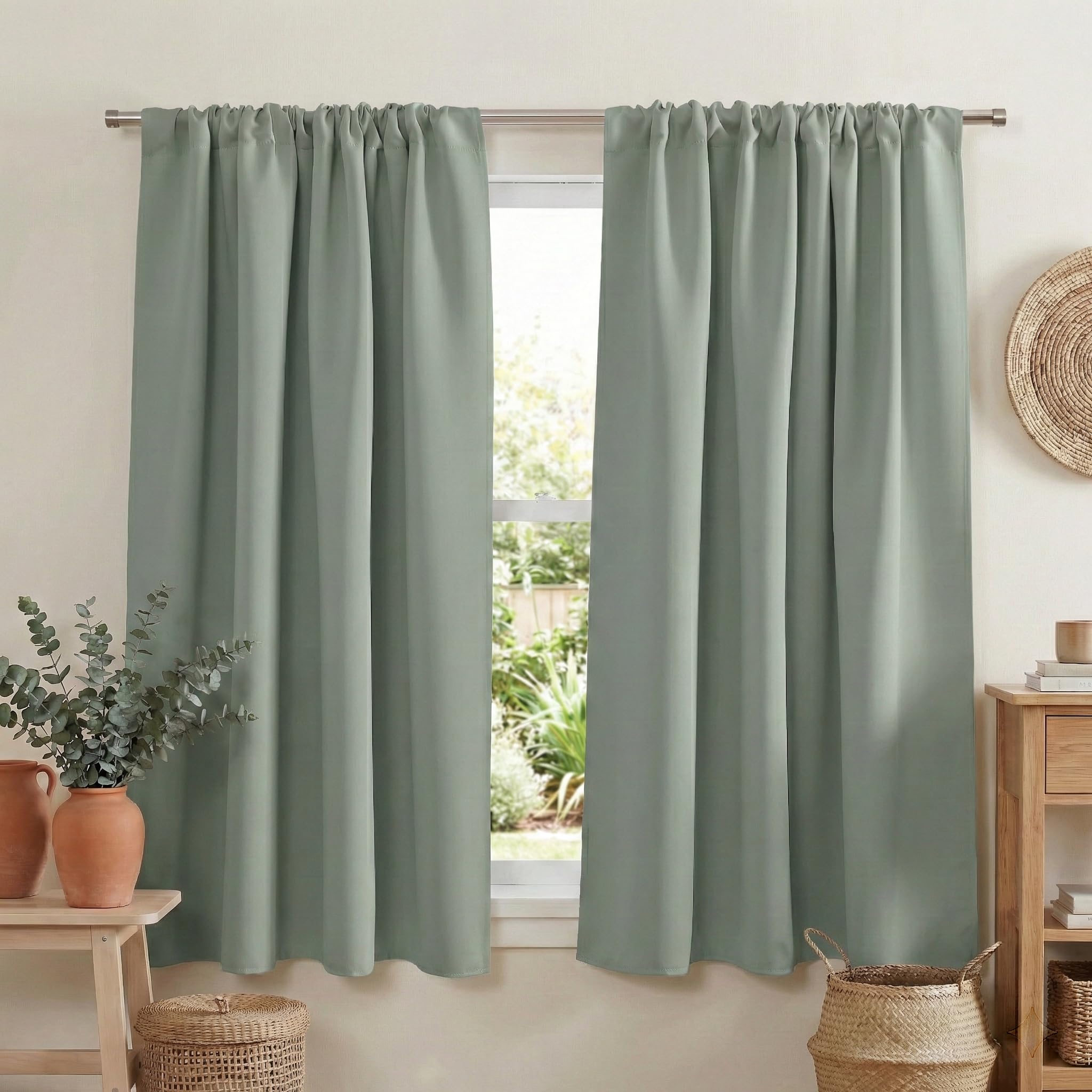 PONY DANCE Bedroom Short Curtains - Sage Blackout Thermal Insulated Window Treatments Curtain Panels with Rod Pocket Light Block for Bathroom, W 42 by L 54 Inches, Sage Green, 2 Pieces