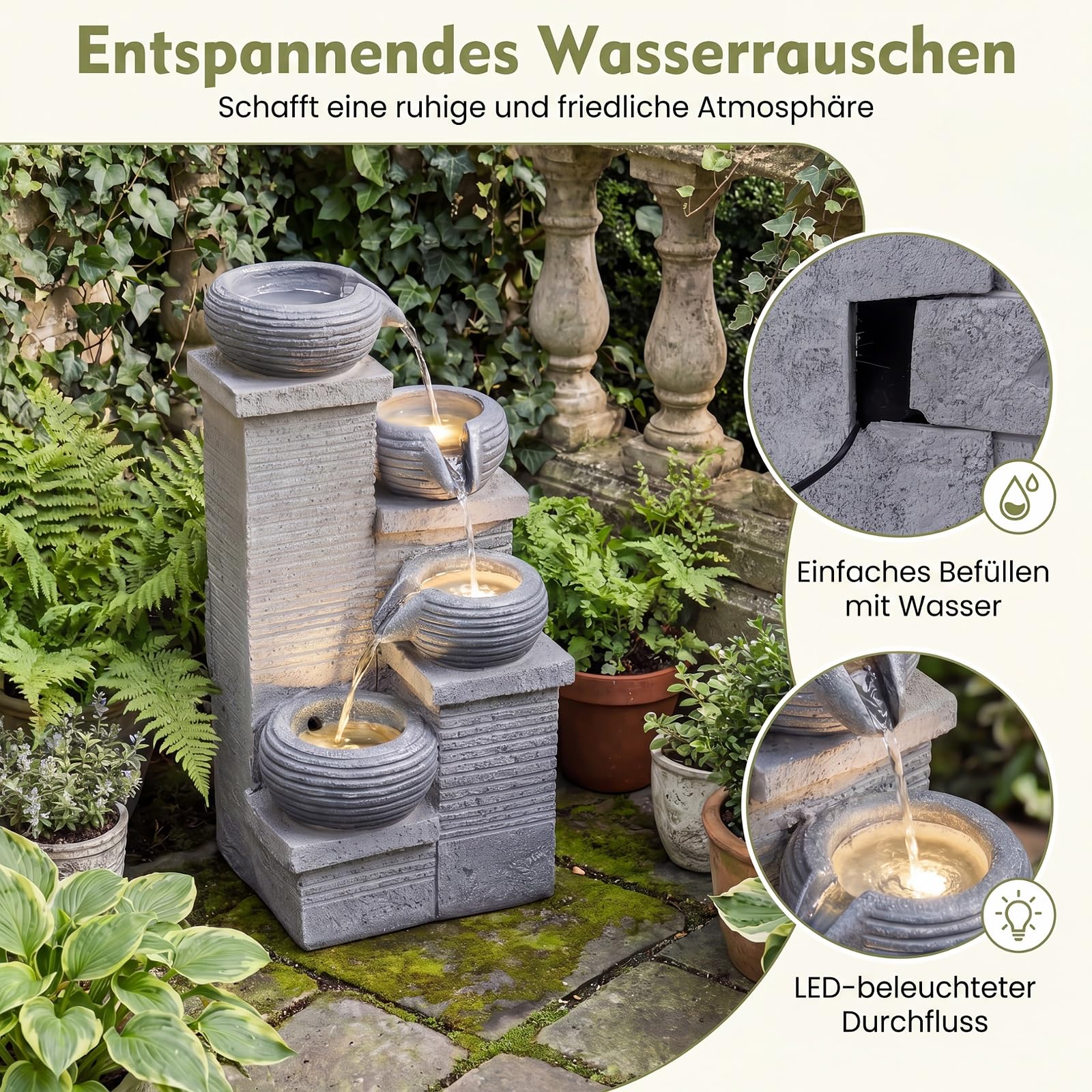 GYMAX Gartenbrunnen für außen, 4-stufiger Springbrunnen mit LED Beleuchtung