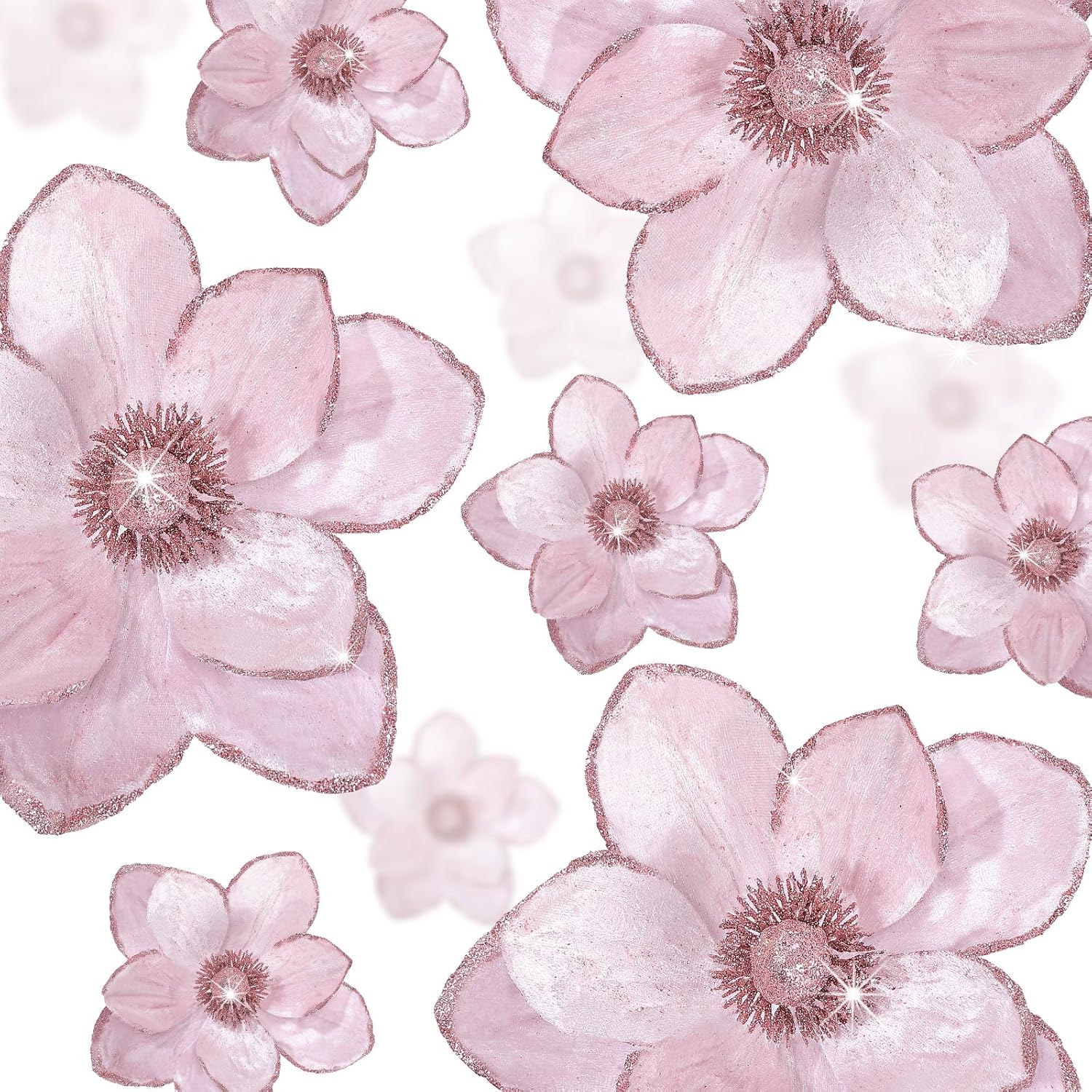 Norme 15pcs Pink Velvet Glitter Magnolia Flowers, 3 Sizes Artificial Christmas Tree Ornaments with Stems for Wreaths, Garlands, Weddings