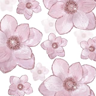 Norme 15pcs Pink Velvet Glitter Magnolia Flowers, 3 Sizes Artificial Christmas Tree Ornaments with Stems for Wreaths, Garlands, Weddings