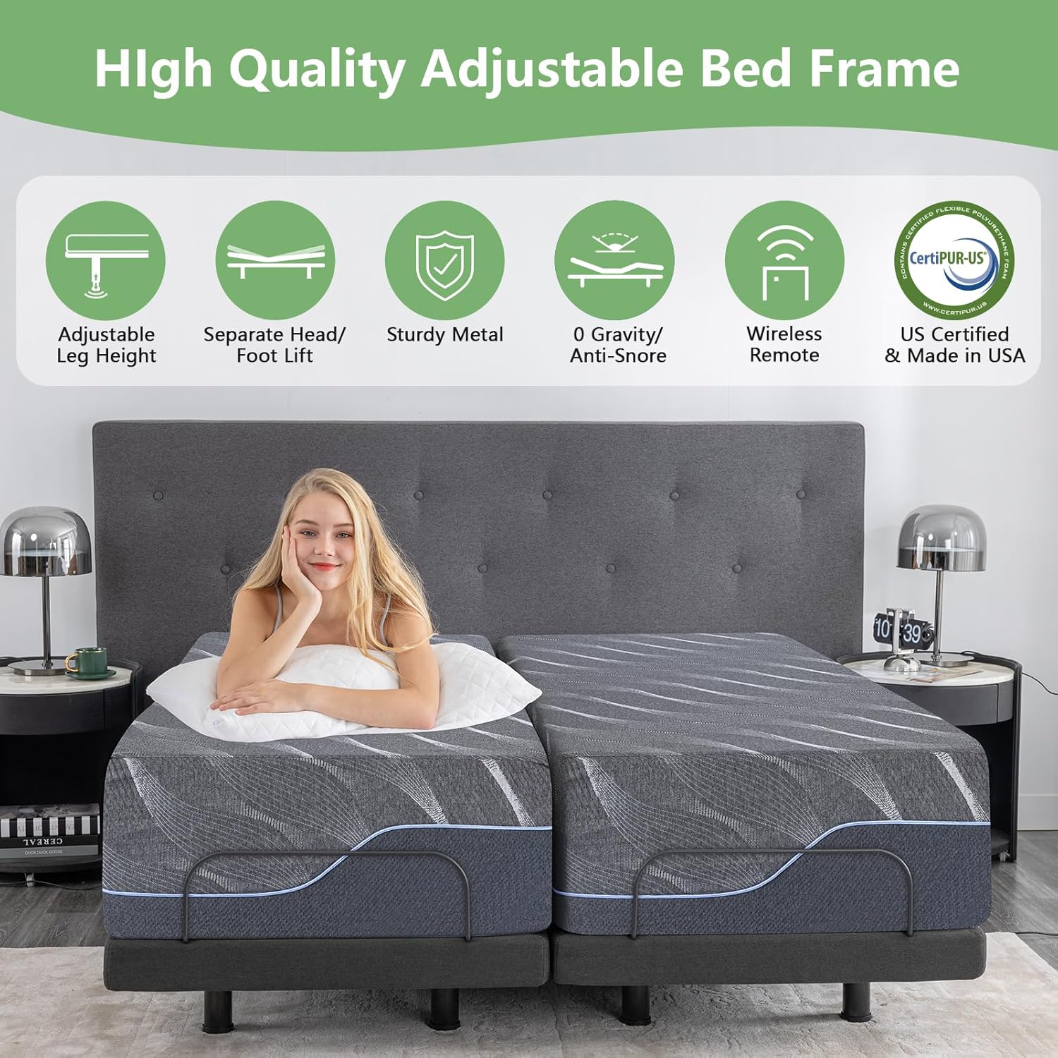 Split King Adjustable Bed Frame with Wireless Remote + 12 Inch Grey Gel Medium Firm Memory Foam Mattress in a Box, Head and Foot Incline,0 Gravity/Anti-Snore,Sturdy Smart Electric Bed Base, 80" × 76"