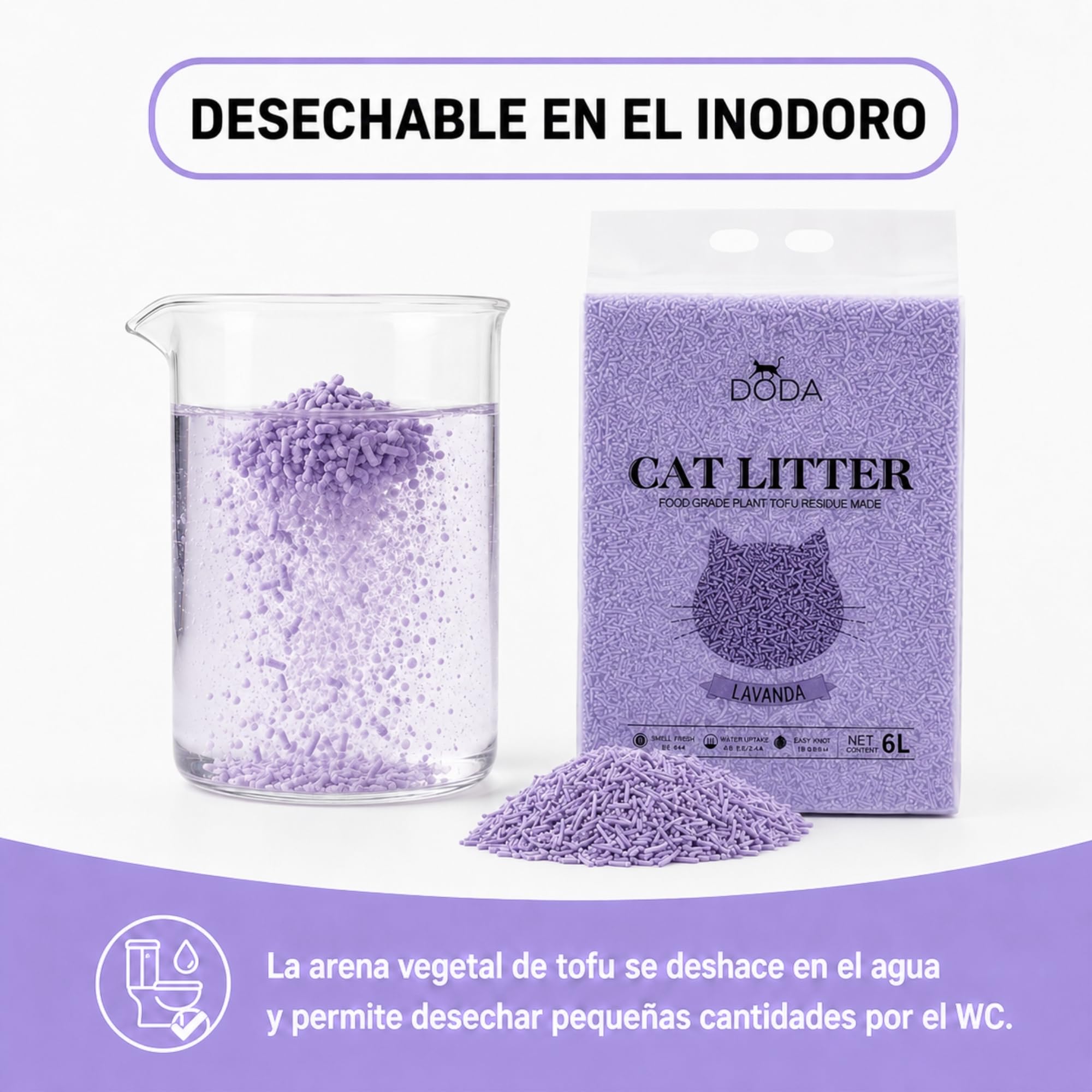 Arena Tofu Gatos 8kg DODA – Arena Aglomerante para Gatos, Arena Vegetal de Tofu Biodegradable, Bajo Polvo, Control de Olores, Absorción Rápida, Aroma Lavanda