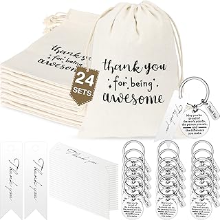 Woanger 24 Sets Employee Appreciation Gift Drawstring Bags 5 x 7 Inch Thank You for Being Awesome Gift Bags Thank You Keychains and Cards for Coworker Colleague Team (White)