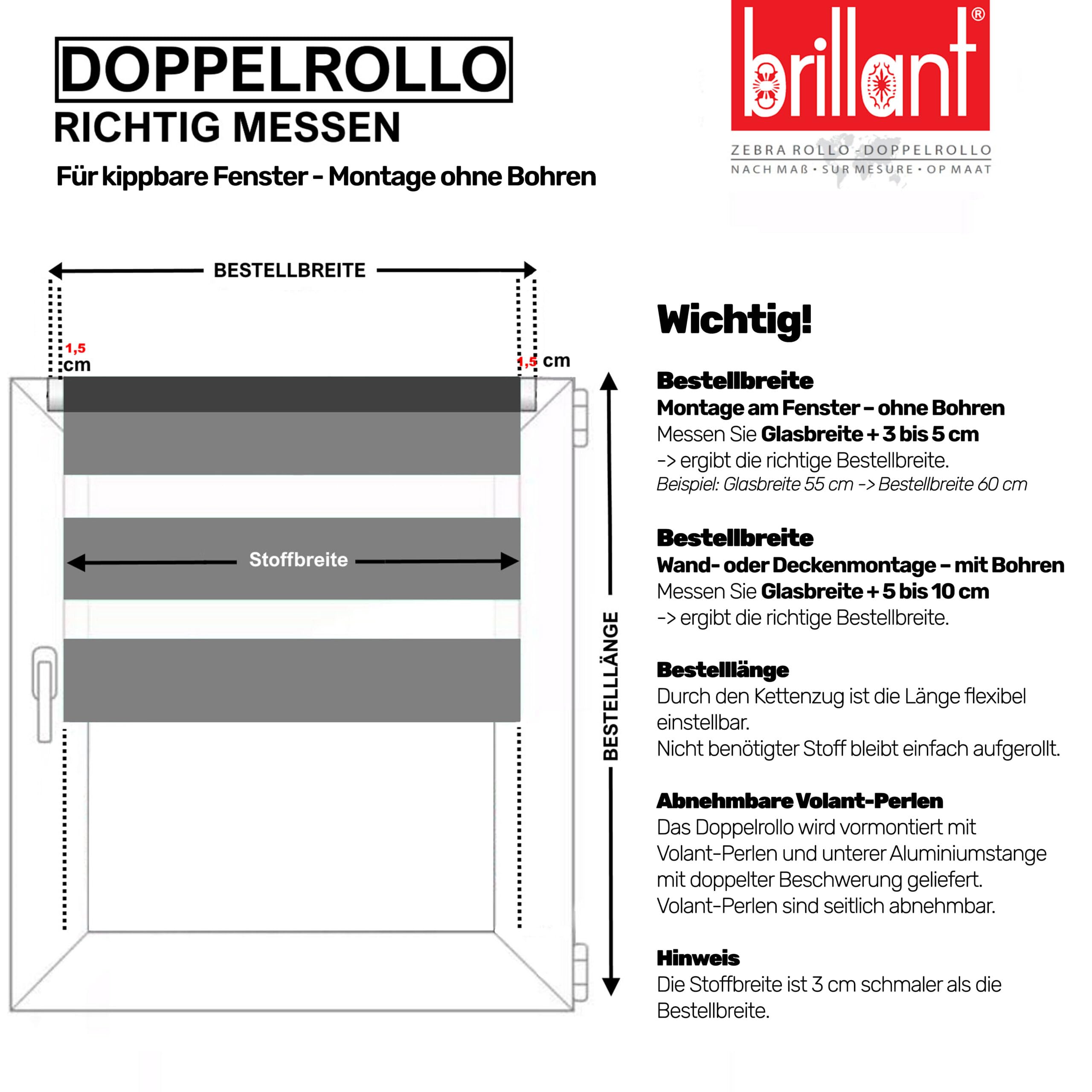 Brillant Doppelrollo Klemmfix ohne Bohren Weiß Silber 200 x 110 cm (Länge x Breite) Duorollo Blickdicht mit Perlen, glitzert, Raffrollo Fenster Tür Zebra Perde Klemmrollo Seitenzugrollo
