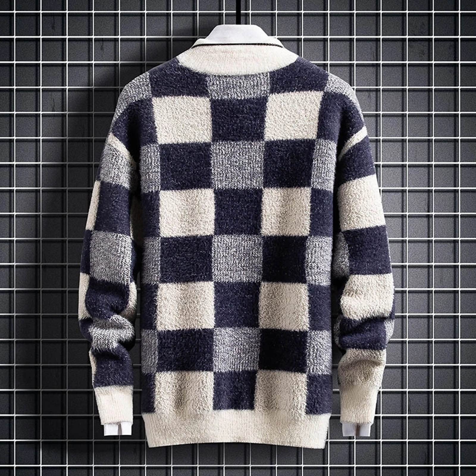 (wełniany) sweter Gruby sweter kaszmirowy Mężczyźni Topy Turtleneck Zima Mężczyzna Plaid Swetry Wygodne Męskie Swetry Świąteczne Utrzymuj Ciepłe Pull Homme sweter(B,XL)