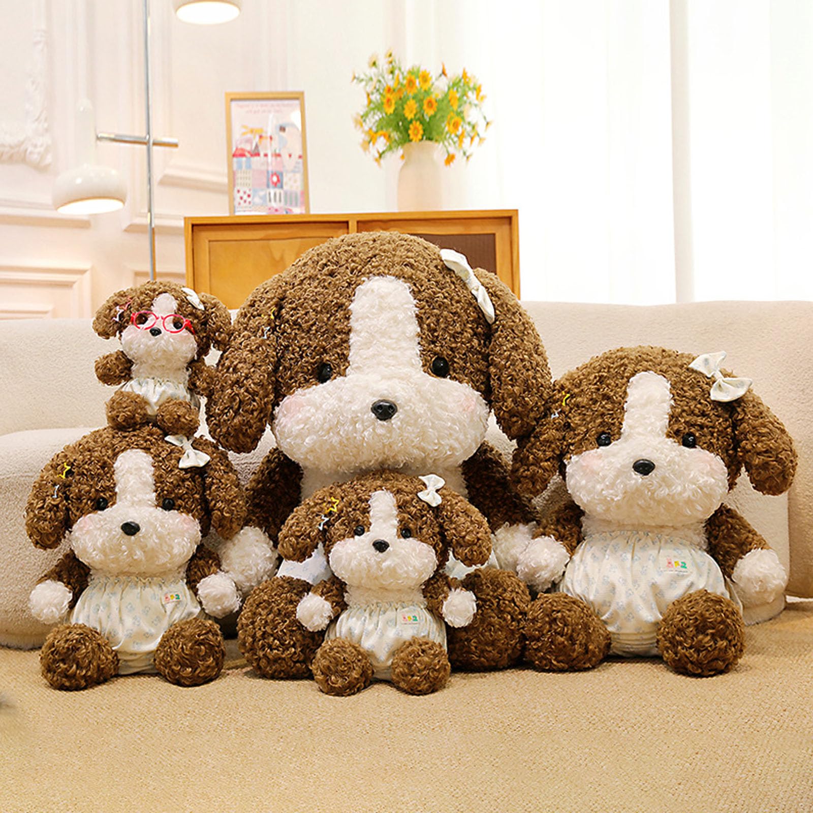 Teddy-Hund-Plüschtier, Süßes Plüschhündchen mit Haarspange Sitzender Plüschhund, Weiches Hundespielzeug, Geschenk für Kinder, Mädchen und Jungen (Braun,70CM)