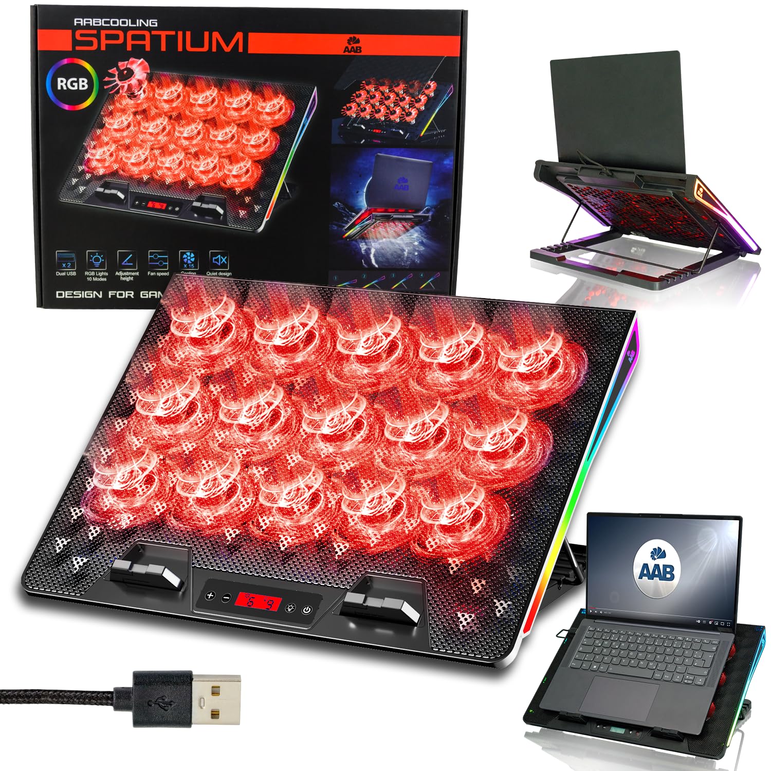 AABCOOLING SPATIUM - Podkładka Chłodząca do Laptopa do Gier 9-17", 15 Cichych, Wydajnych Wentylatorów, Sterowanie LCD, 5-Stopni Nachylenia, 2xUSB, Obudowa z Podświetleniem RGB, Podstawka pod Notebooka