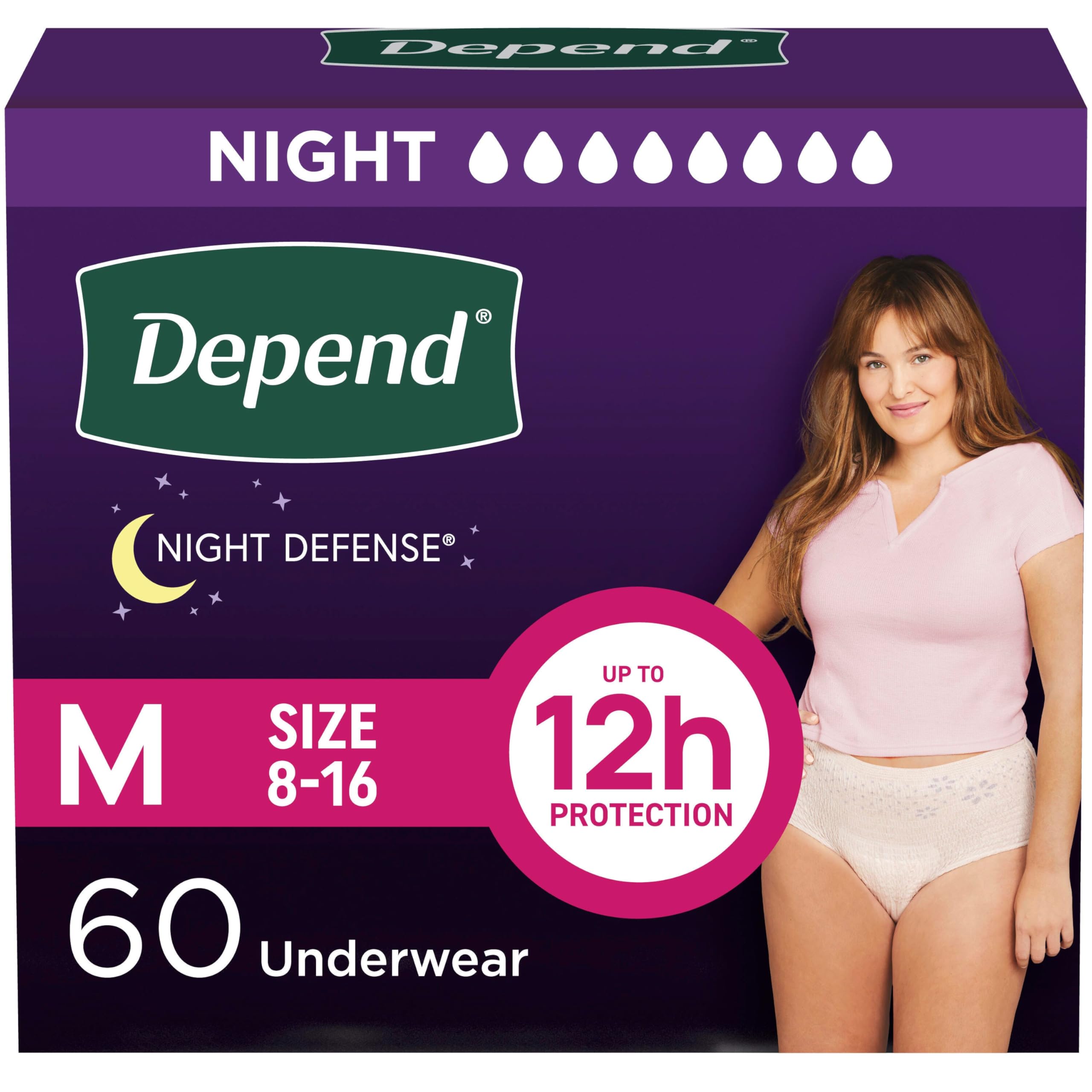 Night Defense Adult Diapers, Incontinence & Postpartum Bladder Leak Underwear for Women, Disposable, Overnight, Medium, Blush, 60 Count (4 Packs of 15), Packaging May Vary