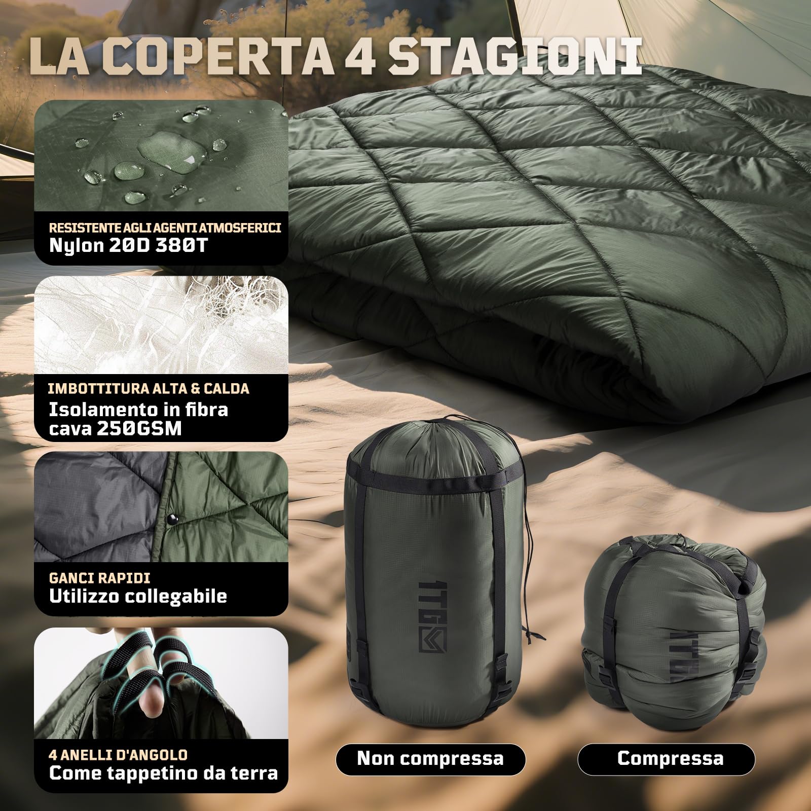 1TG Tactical Coperta da Campeggio 4-in-1 Ultraleggera 0.96kg/1.22kg | Impermeabile, Termica e Compatta | Per Trekking, Auto, Emergenza | Trasformabile in Sacco a Pelo e Poncho