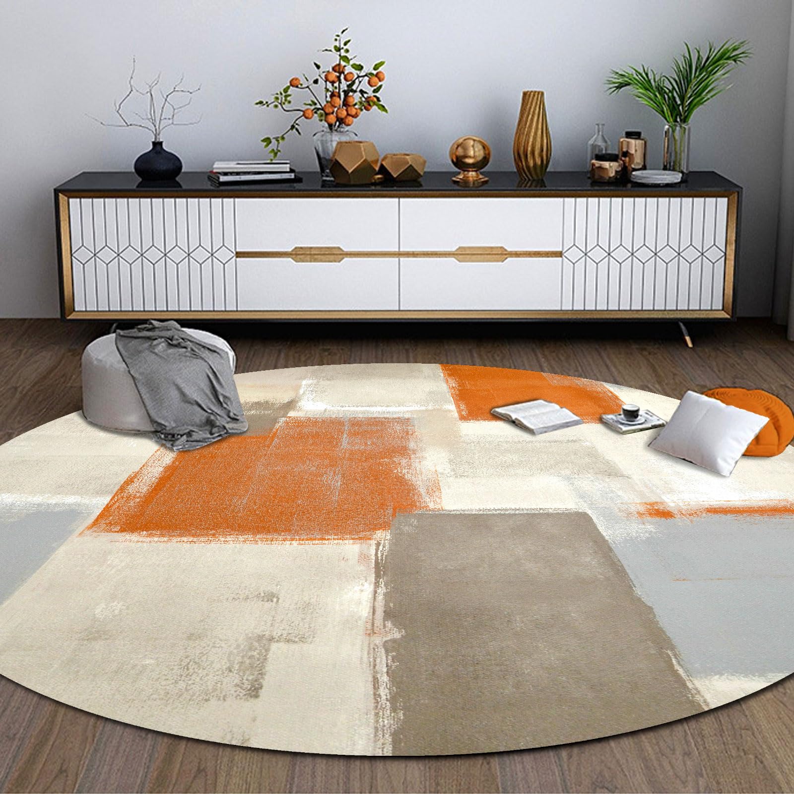 GUGJHFVH Round Machine Washable Kitchen Area Rugs ø 50 cm Dining Non Slip Bedroom,and Living Room Low Pile Carpet Modern Watercolor Orange And Gray Stitching
