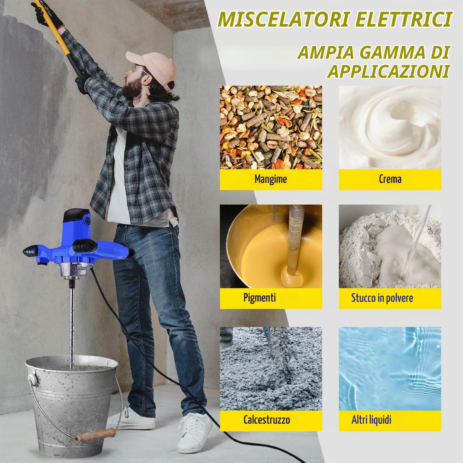 Mescolatore per Malta Professionale, Betoniera Cemento Portatile 2600W, 0–1500 Giri/Min, 6 Marce, Miscelatore per Calcestruzzo, 230V, M14, Agitatore Manuale per Mangime, Gesso