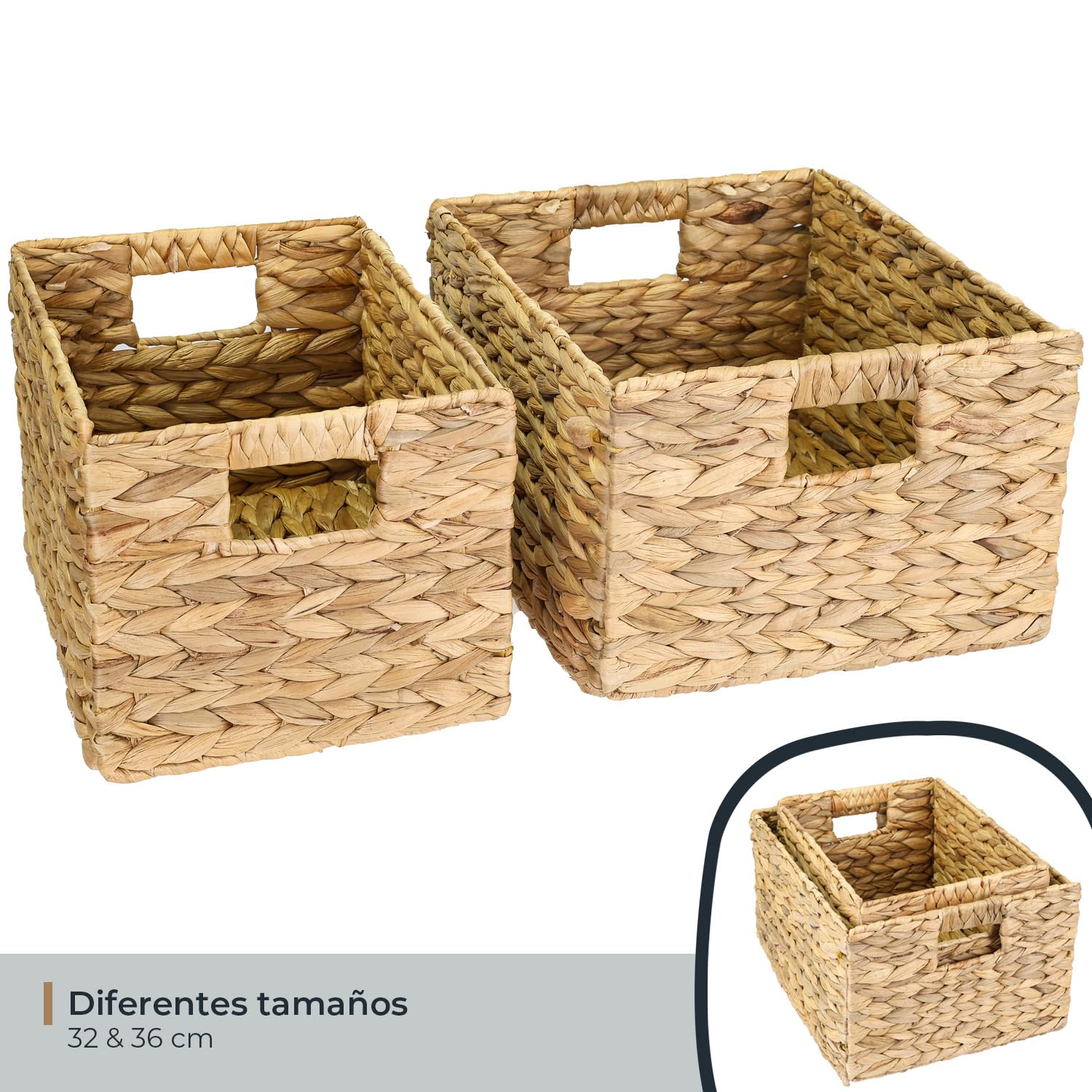 HMF Cesta de almacenaje trenzada organizadora de jacinto de agua, cesta decorativa con asas para baño, cocina, salón y estantería | Juego de 4 | Tamaño L | 36 x 28 x 20 cm | Natural
