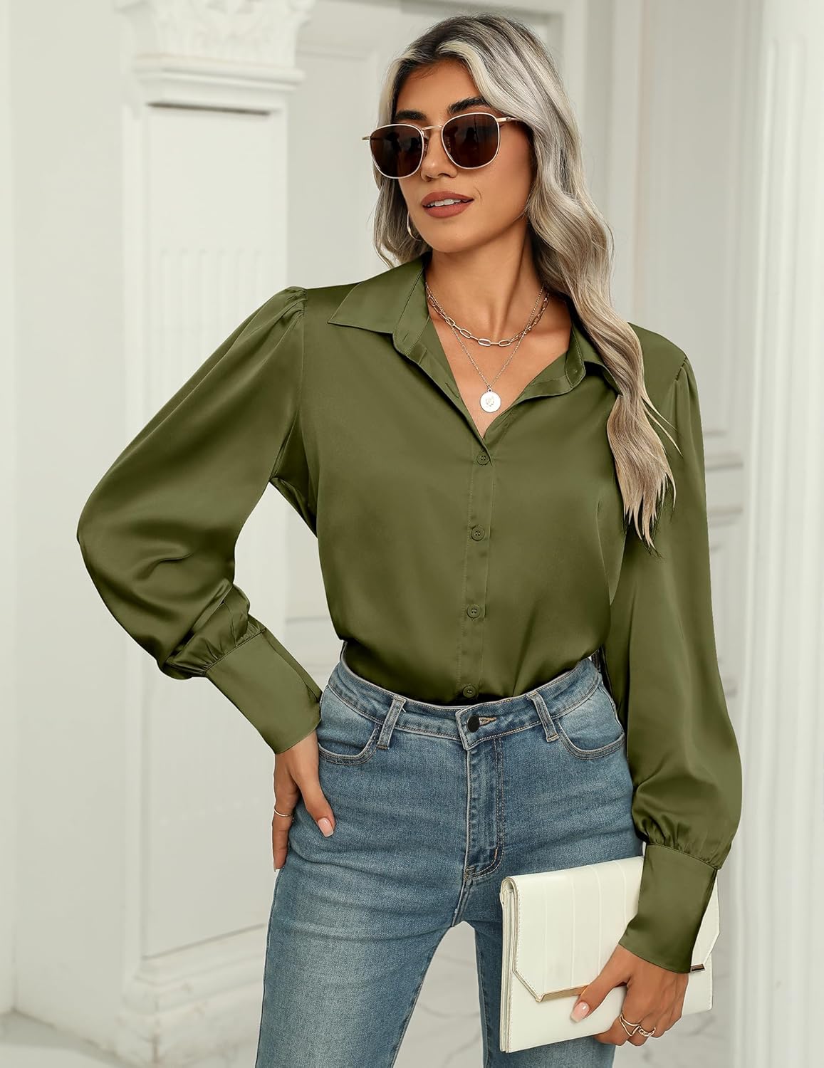 Zeagoo Womens Satin Blouse Lantern Long Sleeve Silk Button Down Shirt Dressy Casual Business Work Tunic Tops - Image 2