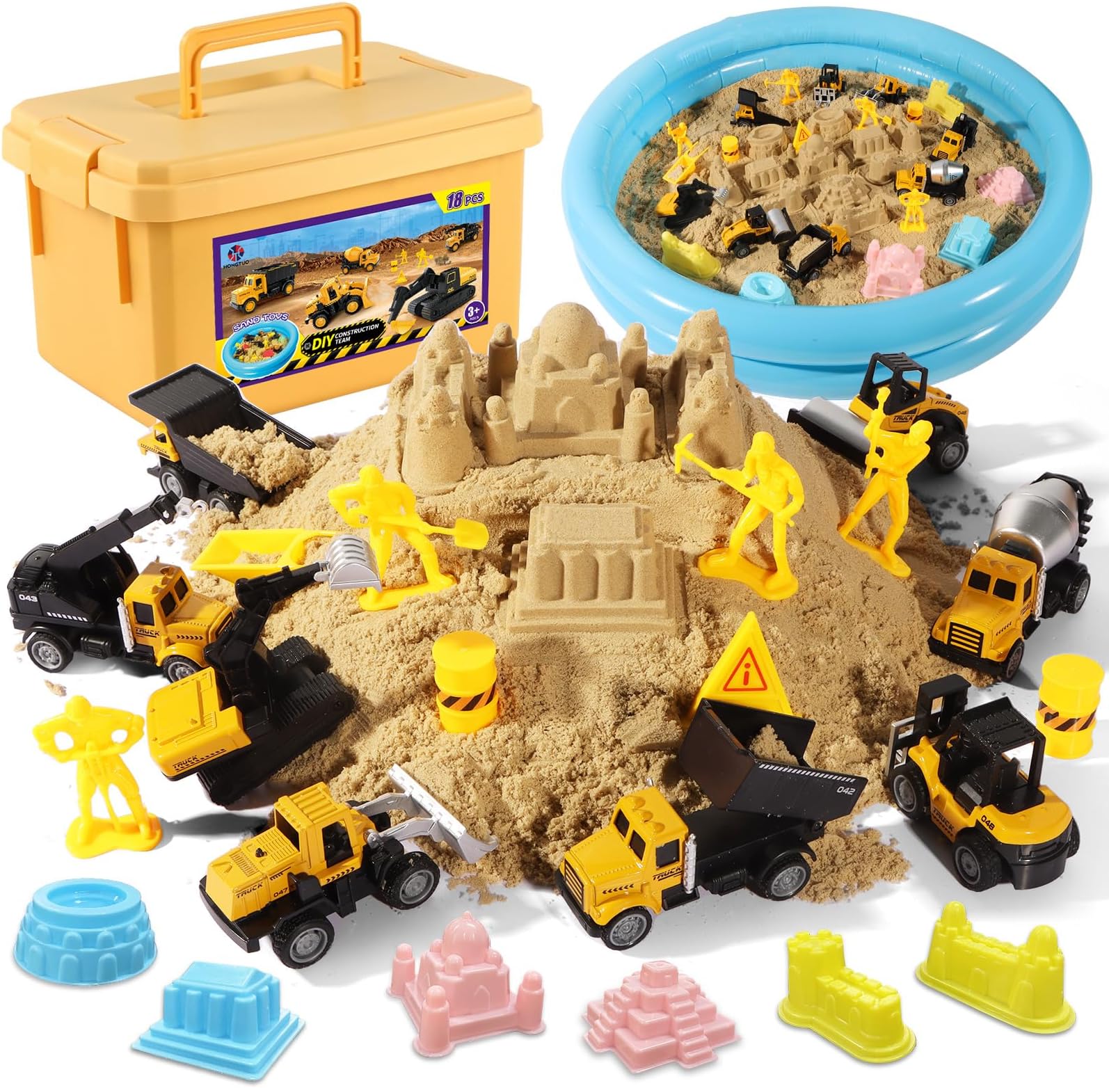 Play Construction Sand Kit,2.2lbs Magic Sand,8 Alloy Construction Vehicles,1 Inflatable Sandbox,8 Worker Figures and Road Signs,6 Castle Molds,1 Storage Box, Sensory Toys for Kids Ages 3+