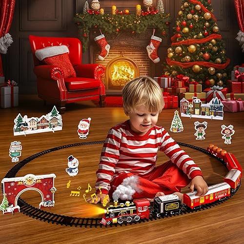 Miniatura 6 de Tren ElectricTrain Set con motor de locomotora clásico retro, coche de carga y pista larga para niños pequeños de 3 a 5 años, juguetes de tren de