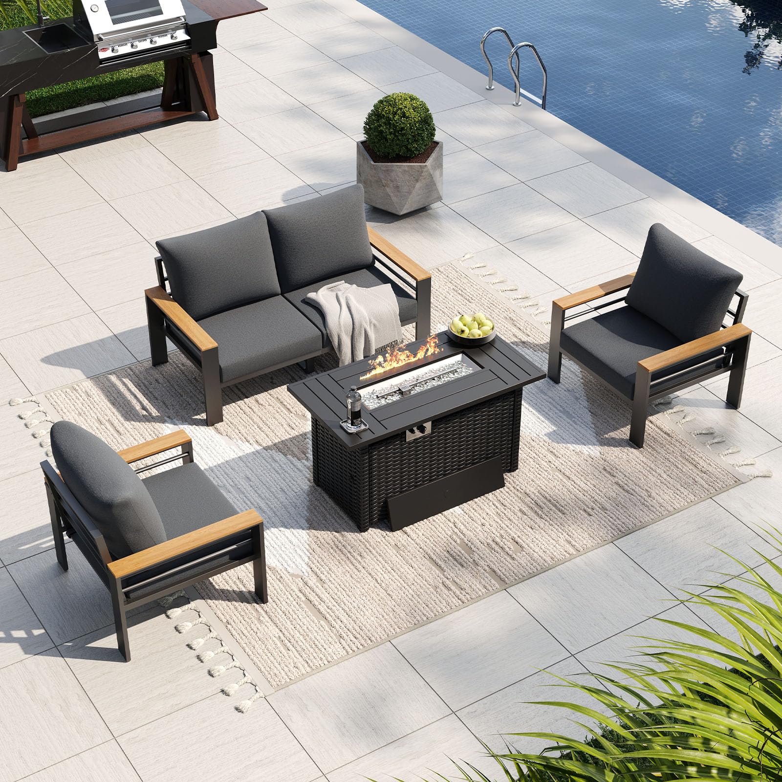 Aoxun Patio Furniture Set, Aluminum Outdoor Furniture with Fire Pit Table