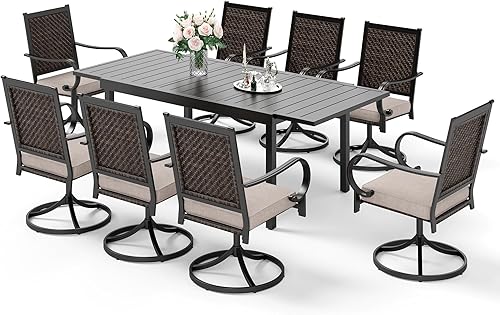 HERAS HOUSE Juego de comedor de mimbre giratorio de 9 piezas juego de muebles de ratán para exteriores para 8 8 sillas de comedor giratorias de