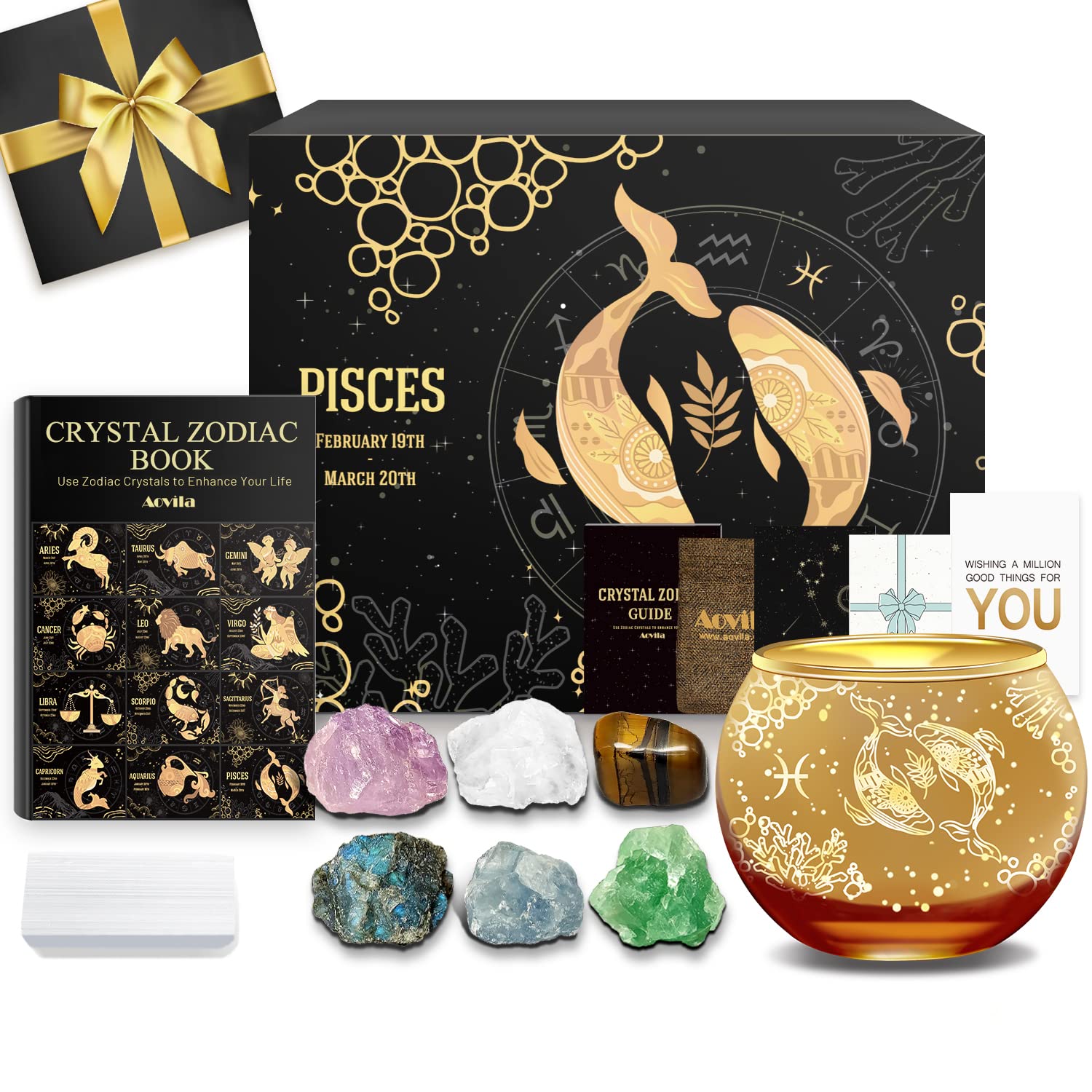 Aovila Pisces Birthday Gifts for Women - Pisces Candle Holder Crystals Birthstones Gifts Box Set - Zodiac Gifts Astrology Horoscope Gifts Birthday Gifts for Her Mother Sister Best Friends
