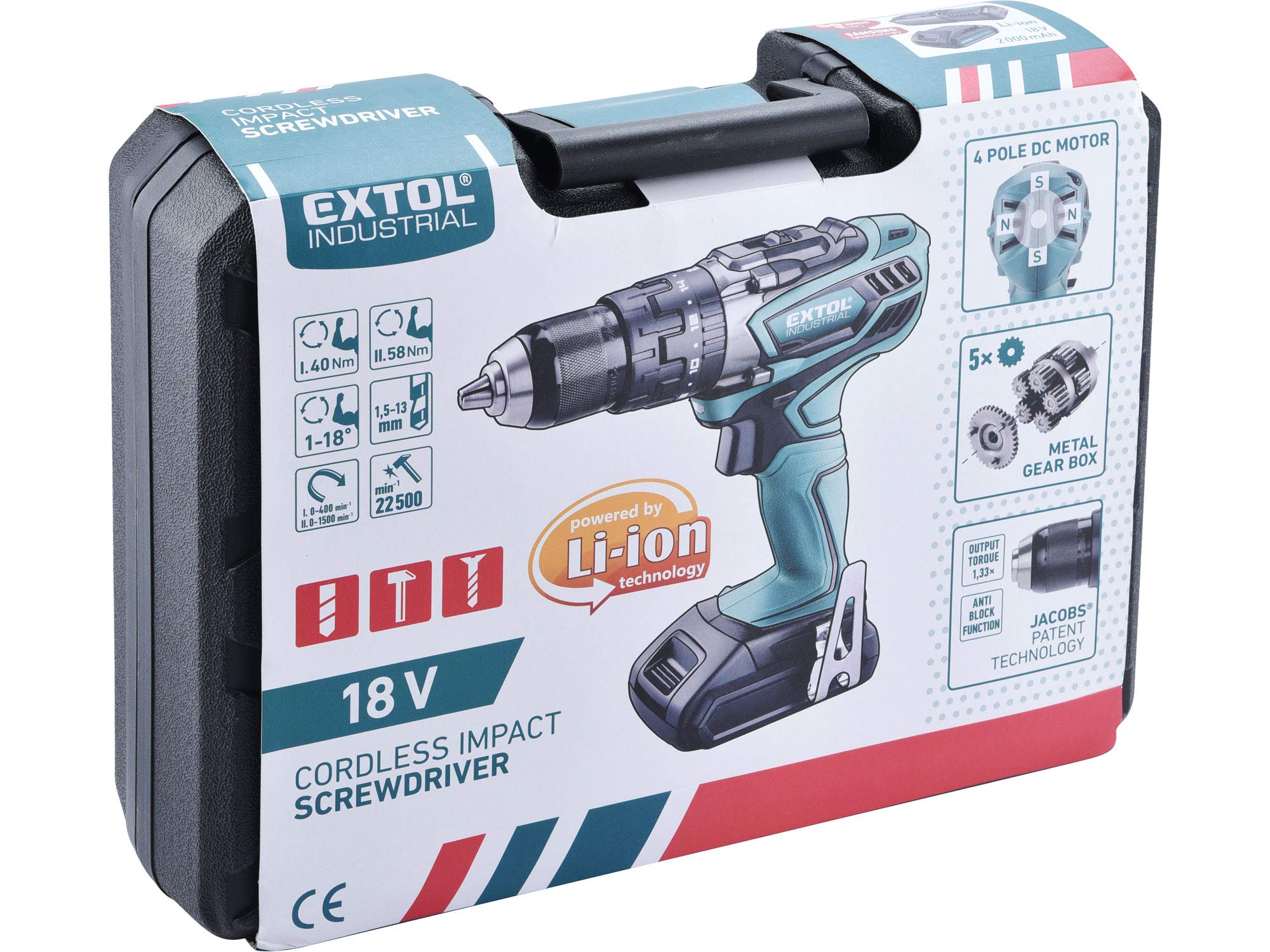 Extol Industrial Jakobs 8791110 Cordless Hammer Drill, 18 V Li-Ion 