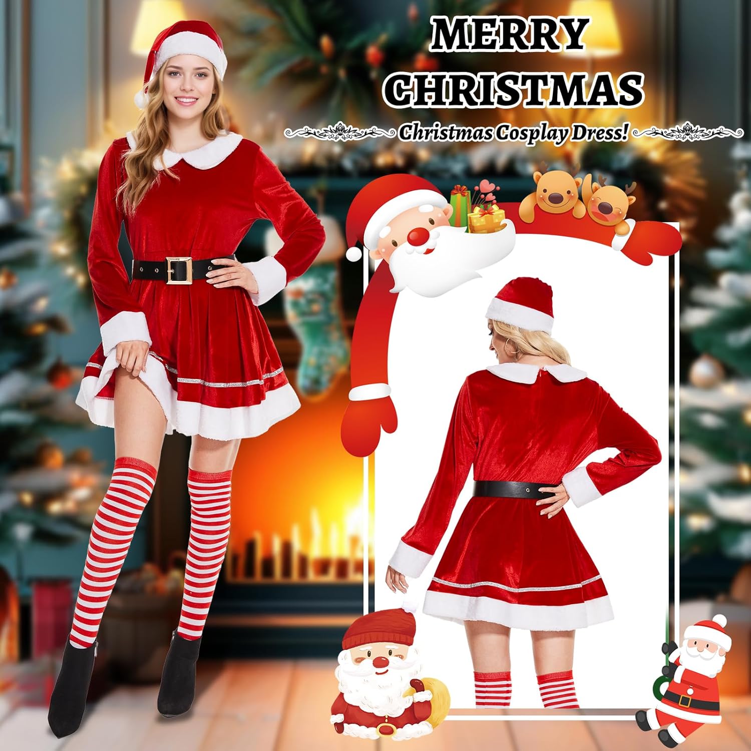 4 Pack Women Mrs Claus Costume,Velvet Santa Costume Cosplay Christmas Dress Suit Outfit - Image 6