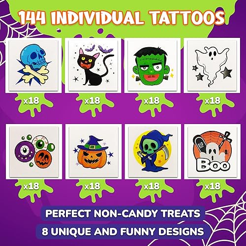 Miniatura 2 de ArtCreativity Tatuajes temporales individuales de Halloween para niños, paquete de 160 a 2 pulgadas, no tóxicos, para niños y niñas, ideal para