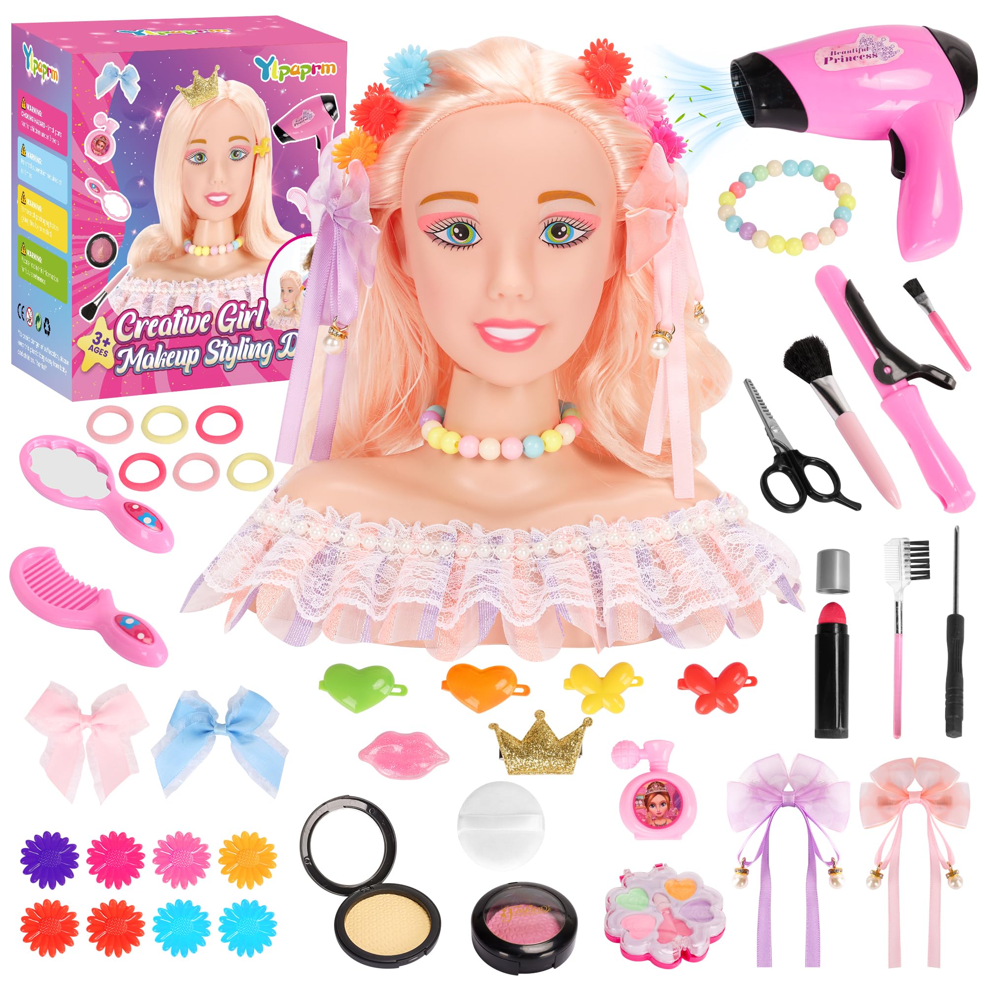 42PCS Pretend Play Hair Styling Doll Head Makeup Kit for Girl, Hair Makeup Salon Doll Toy Kid, with Hairdryer Curling Iron Eye Shadow Powder Hair Clip Set Birthday for 3+ Girl Year