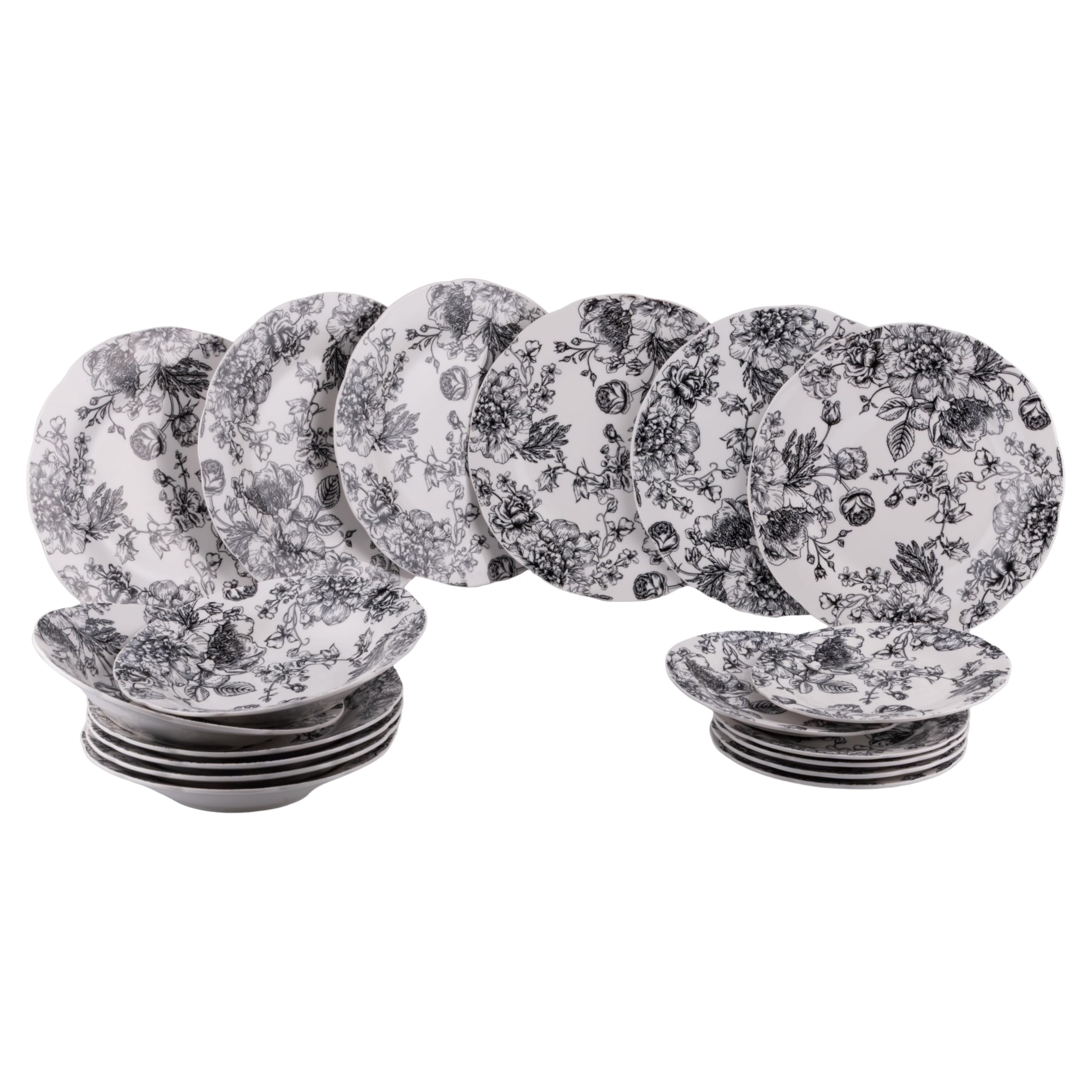 18-częściowy serwis obiadowy z porcelany, 6-osobowy zastawa stołowa, dekoracja kwiatowa, Madame Black
