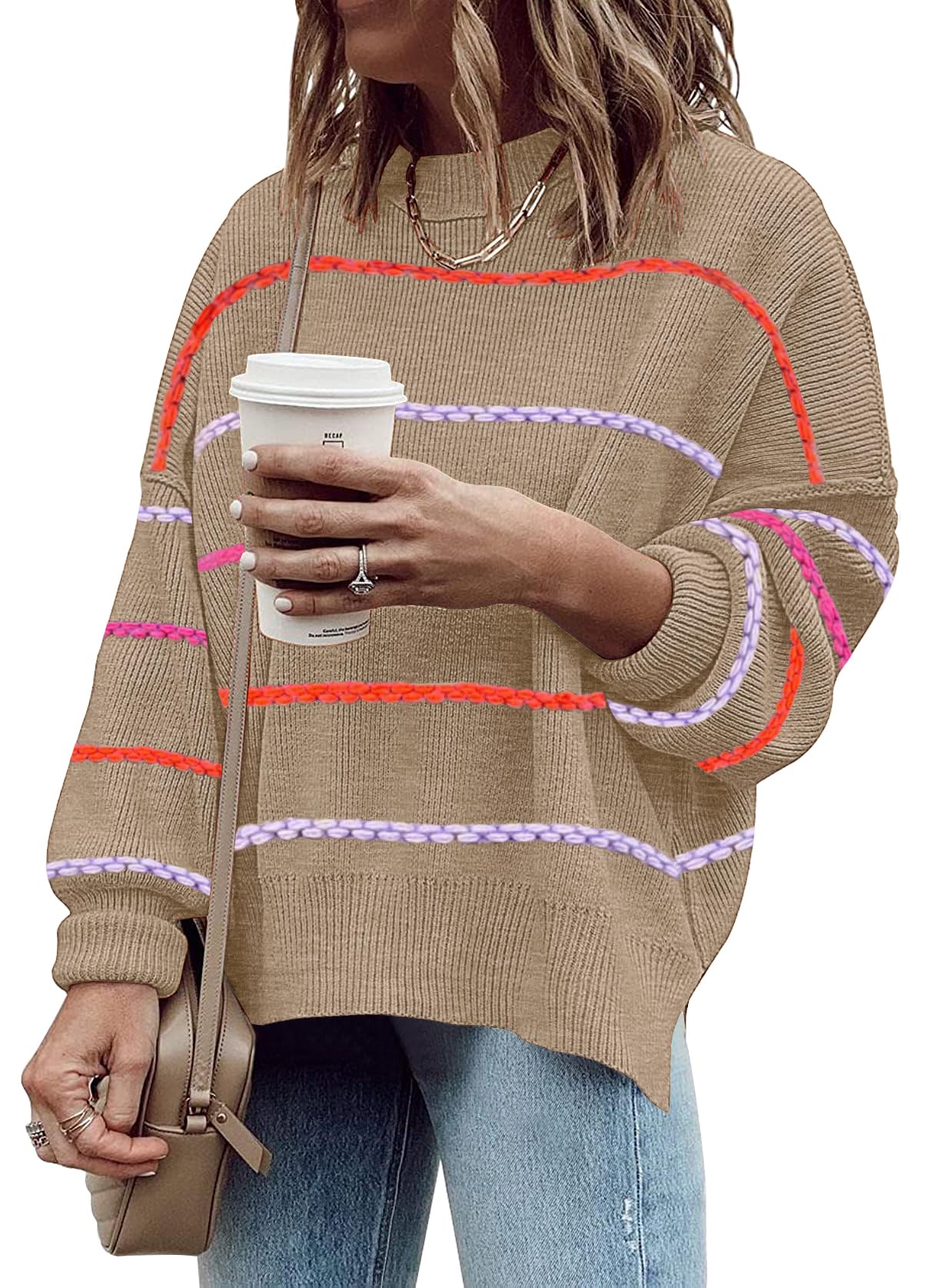Womens Oversized Crewneck Sweaters Batwing Long Sleeve Side Slit Ribbed Knit Pullover Sweater Tops