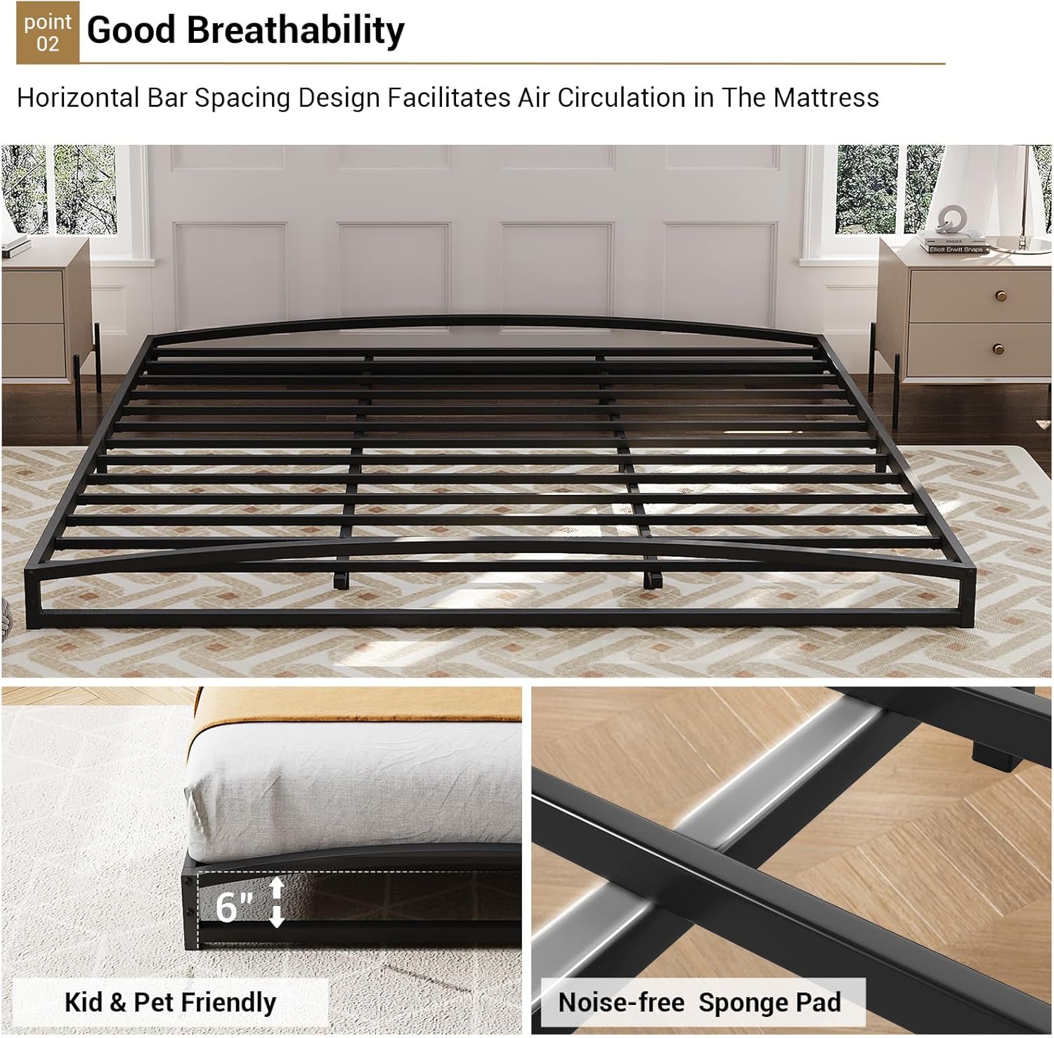 GAOMON Low Bed Frame King Size, 6 Inch Heavy Duty Metal Platform King Bed Frame with Arch Design, Easy Assembly, Strong Bearing Capacity, Under Bed Storage, No Box Spring Needed - Black