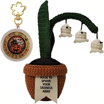 Acecare Halloween Crochet Ghost Lily of The Valley in Pot | Handmade Amigurumi Creepy Plant Decoration | Spooky Table Ornament, Trick or Treat Gift with Pumpkin Commemorative Coin