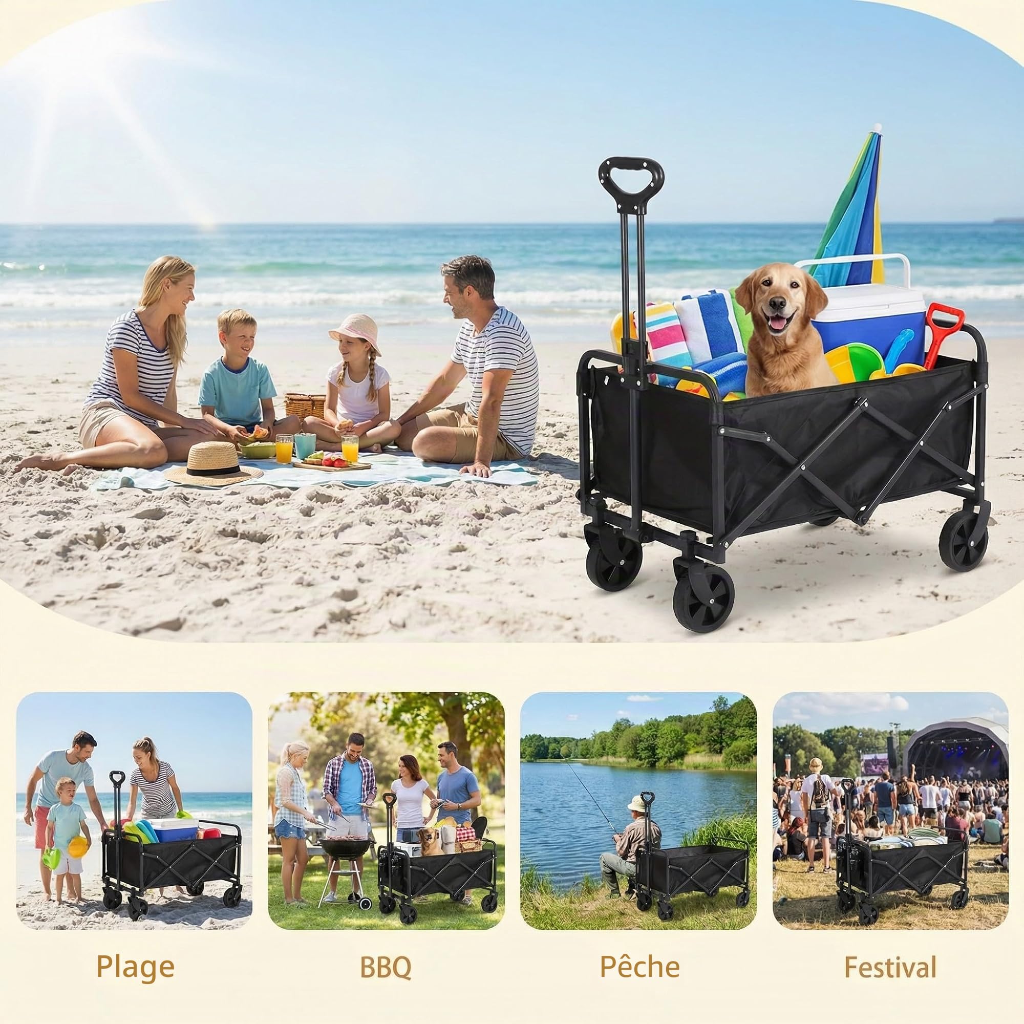 Chariot de Transport Pliable de 100L avec Roues silencieuses, capacité de Charge de 150 kg (330 lbs), pour Jardin, Camping, Shopping et Pique-Nique, Chariot de Transport Pliable avec Roues Stables