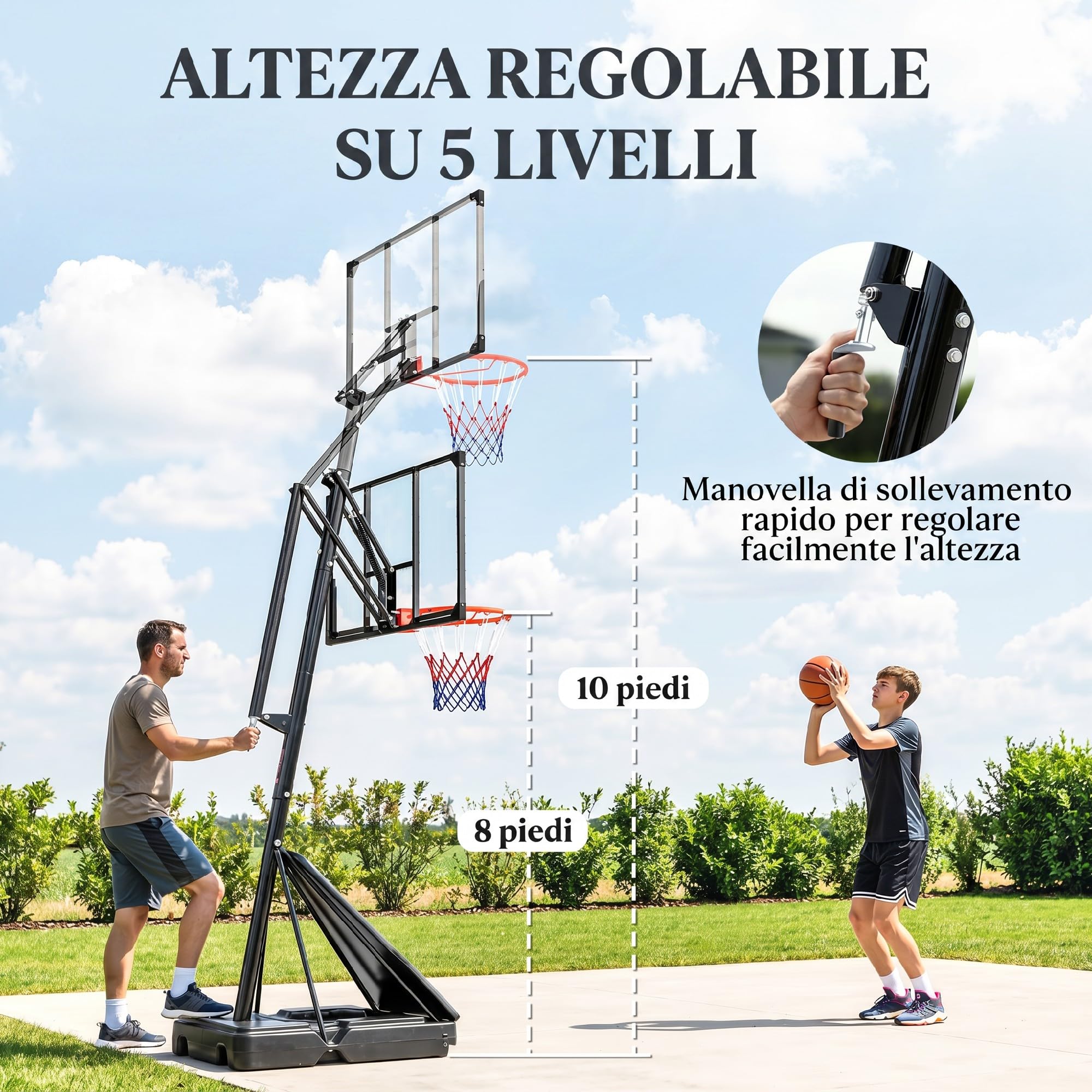 SPORTNOW Canestro Basket Regolabile per Adulti Altezza 2.45-3.05 m, Supporto da Basket Portatile con Ruote, Base Riempibile, Sistema Ritorno, Tabellone Antishock, Uso Interno ed Esterno, Nero