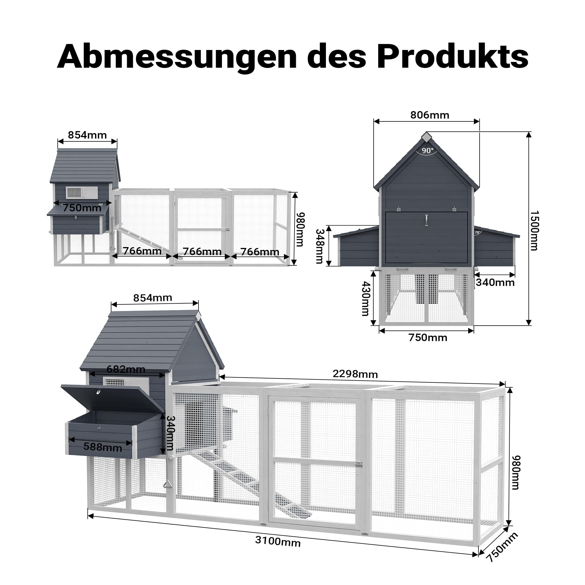 Wiltec Hühnerstall 3100 x 1500 x 1500 mm grau weiß mit Freilauf und Nistkästen aus Holz, Hühnerhaus mit Unterschlupf, Gitter und Kotwanne verzinkt