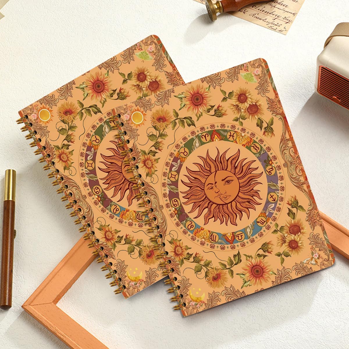 Confezione da 2 quaderni a spirale retrò, bohémien, sole e luna, a righe, retrò, decorazione floreale, quaderni per donne, ragazze, quaderni per scrivere quaderni a spirale per ufficio
