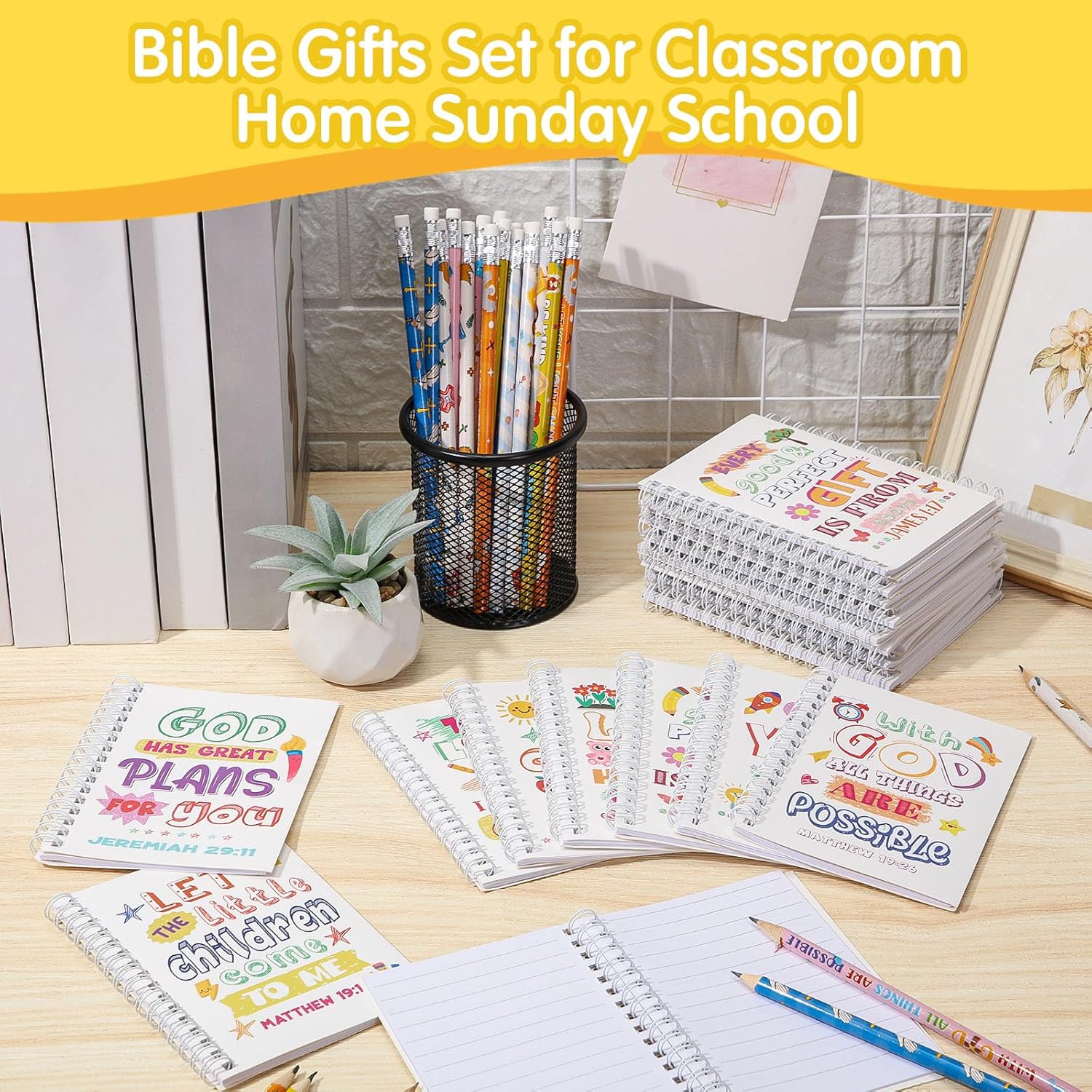 Crtiin Easter 48 Pcs Include 24 Bible Verse Notepad 24 Pencils Kids Christian Church Gifts Students Classroom Award Religious Notebook Bible Pencils Prayer Pocket School (White Jesus,White) - Image 4