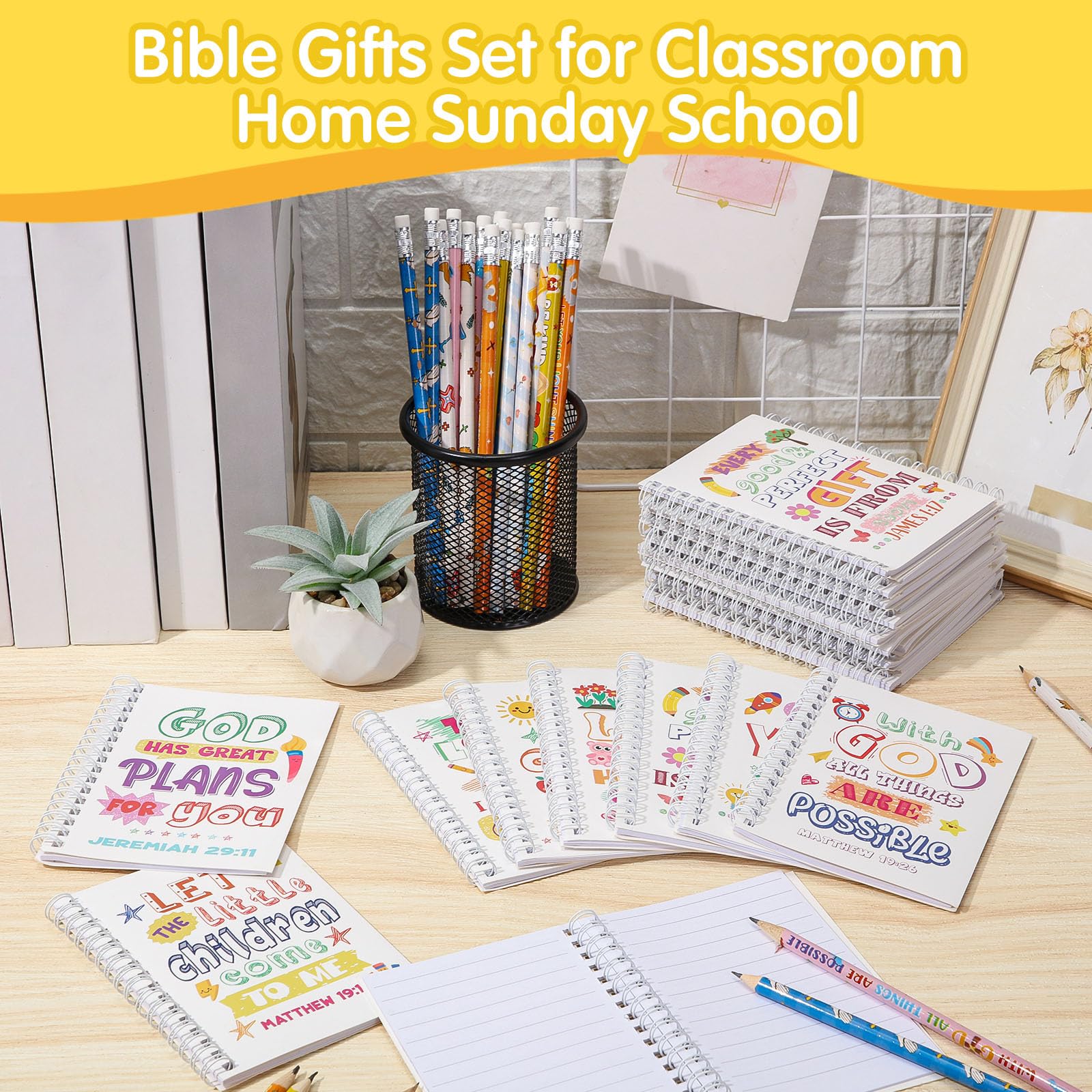 Crtiin 48 Stück, inklusive 24 Bibelversen, Notizblock, 24 Bleistifte, christliche Kirche, Geschenke, Studenten, Klassenzimmer, Auszeichnung, religiös, inspirierendes Notizbuch, Bibelstifte